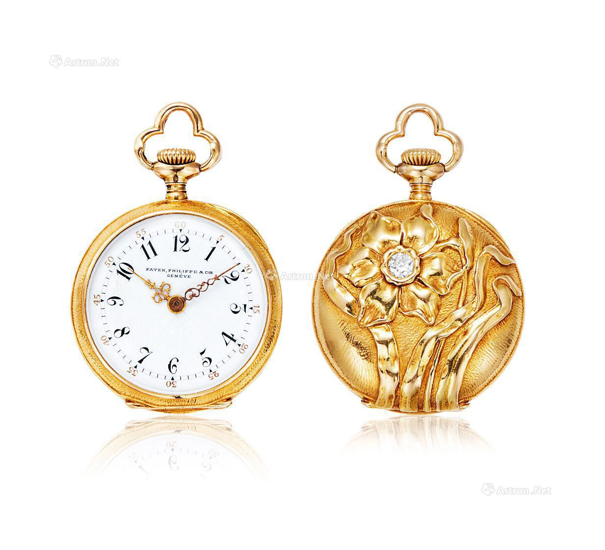 PATEK PHILIPPE  A VERY FINE YELLOW GOLD AND DIAMOND-SET OPEN-FACED POCKET WATCH， WITH FLORAL PATTERNS， WITH EXTRACT FROM ARCHIVES