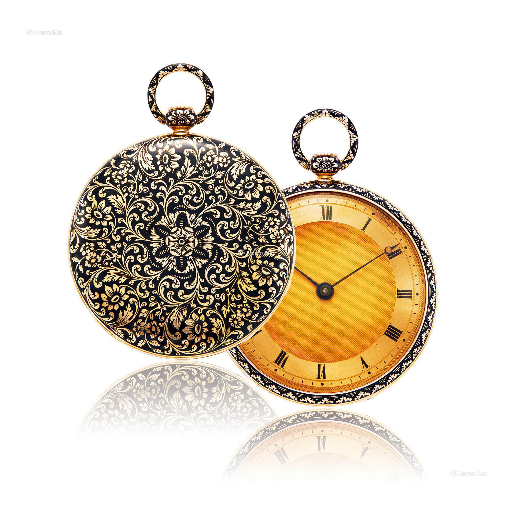 SWITZERLAND  A FINE YELLOW GOLD OPEN-FACED ENAMEL QUARTER REPEATING MECHANICAL POCKET WATCH