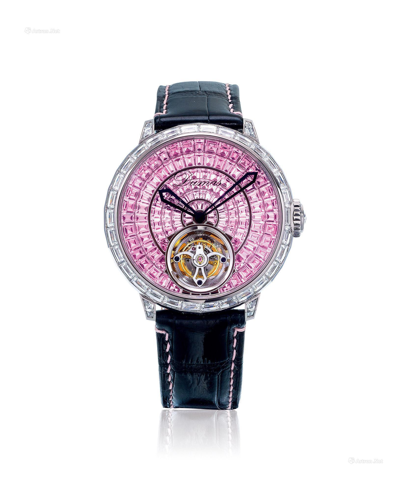 DUMAS  AN ATTRACTIVE AND FINE WHITE GOLD， BAGUETTE-CUT DIAMOND AND PINK SAPPHIRE-SET TOURBILLON AUTOMATIC WRISTWATCH， WITH CERTIFICATE OF ORIGIN AND PRESENTATION BOX