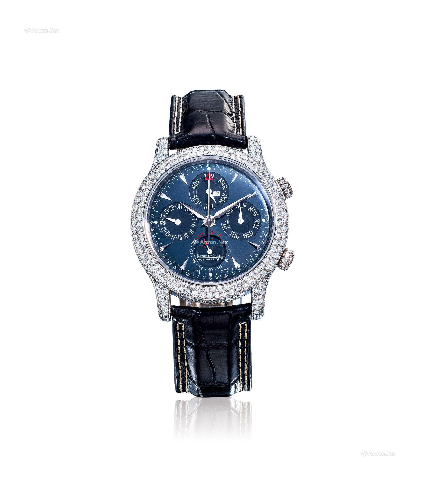 JAEGER-LECOULTRE  A VERY FINE LIMITED EDITION PLATINUM AND DIAMOND-SET PERPETUAL CALENDAR AUTOMATIC WRISTWATCH， WITH ALARM， DATE， DAY， MONTH， YEAR， 24-HOUR AND MOON PHASES INDICATORS， CERTIFICATE OF ORIGIN AND PRESENTATION BOX
