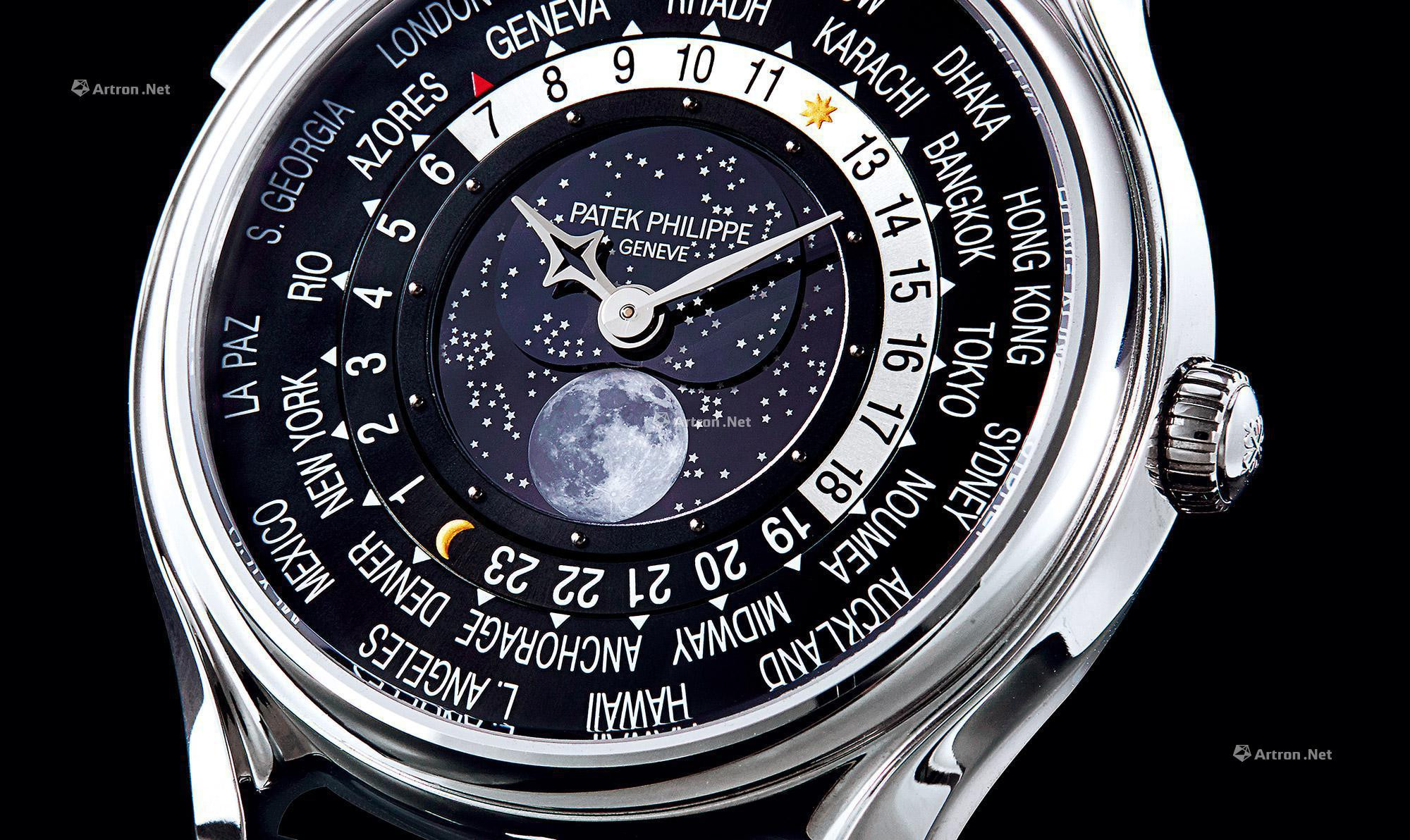 PATEK PHILIPPE  A VERY FINE AND RARE LIMITED EDITION WHITE GOLD WORLD TIME AUTOMATIC WRISTWATCH， WITH MOON PHASES INDICATOR， MADE TO COMMEMORATE 175TH ANNIVERSARY OF PATEK PHILIPPE， IN ORIGINAL FACTORY DOUBLE SEALED CONDITION， CERTIFICATE OF ORIGIN AND PR