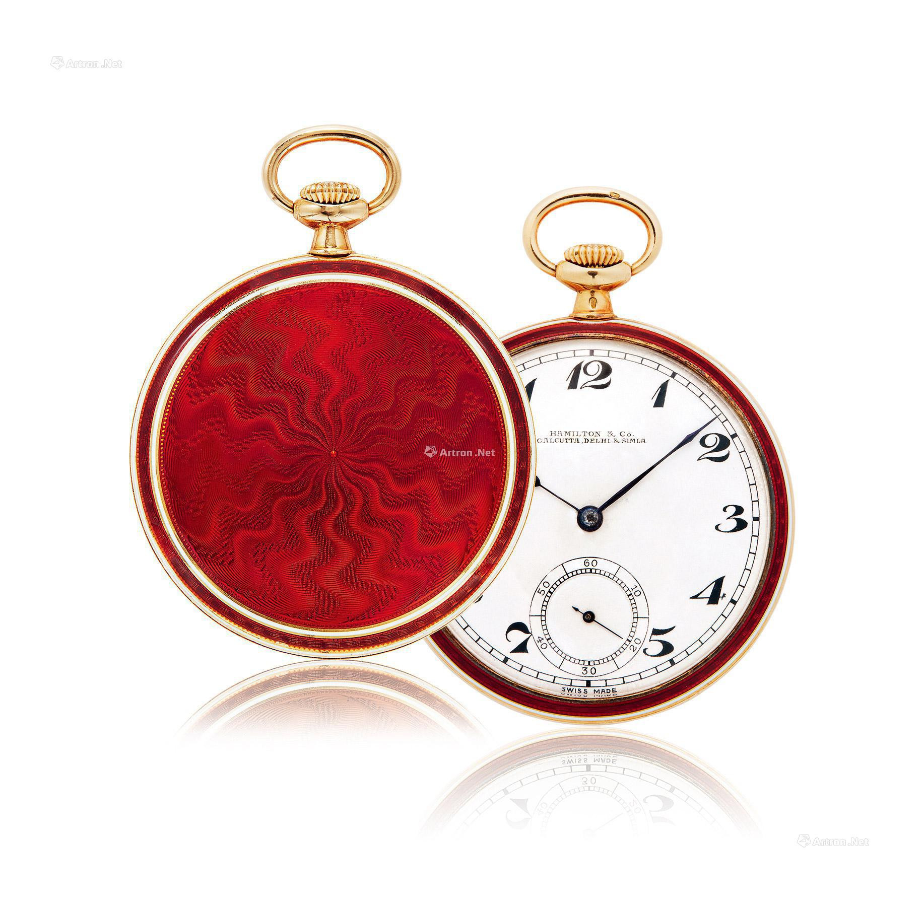 SWITZERLAND  A VINTAGE YELLOW GOLD OPEN-FACED MECHANICAL POCKET WATCH， WITH SMALL SECONDS AND ENAMEL CASE BACK
