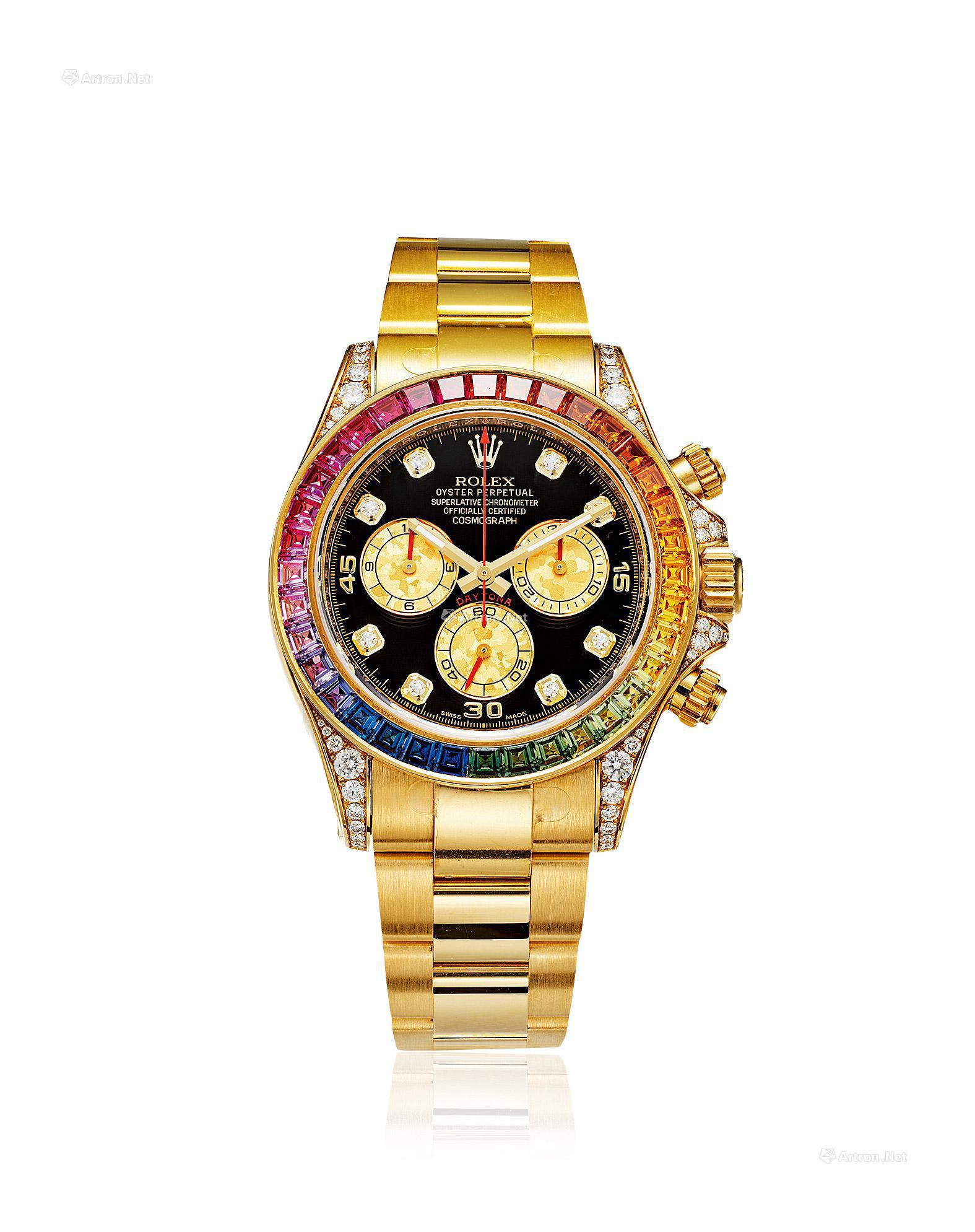ROLEX  A VERY RARE AND ATTRACTIVE YELLOW GOLD， DIAMOND AND RAINBOW SAPPHIRE-SET AUTOMATIC CHRONOGRAPH BRACELET WATCH， WITH SMALL SECONDS， CERTIFICATE OF ORIGIN AND PRESENTATION BOX