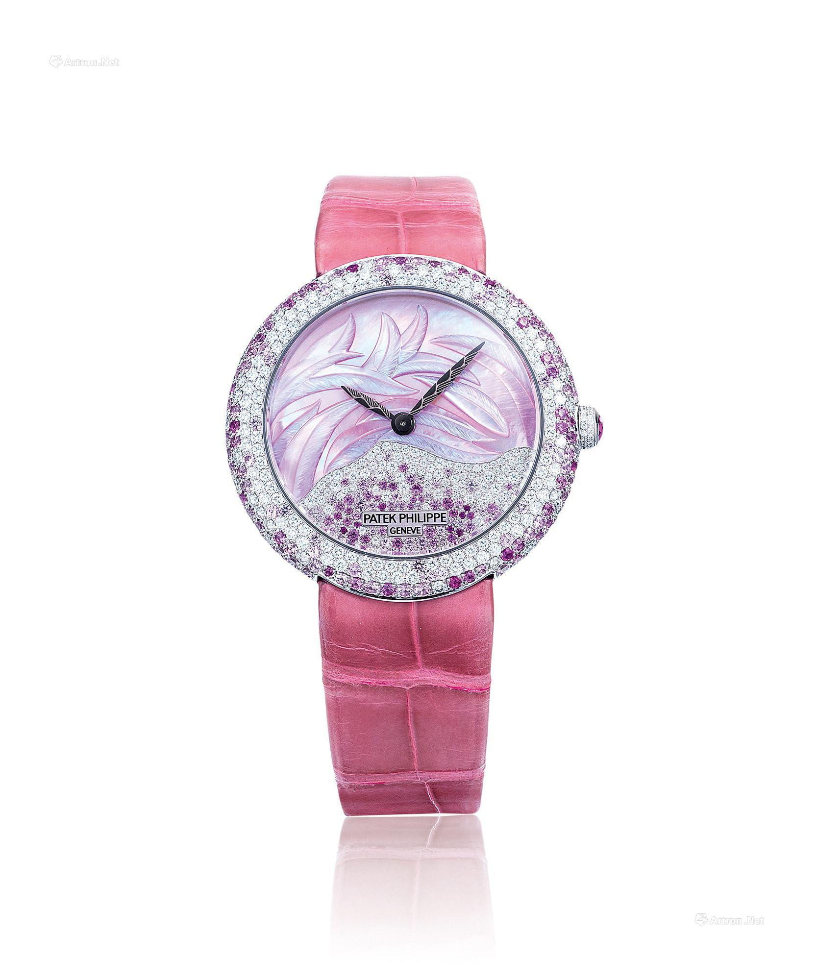 PATEK PHILIPPE  AN ELEGANT AND FINE LADY’S WHITE GOLD， DIAMOND AND PINK-SAPPHIRE SET AUTOMATIC WRISTWATCH， WITH CERTIFICATE OF ORIGIN AND PRESENTATION BOX