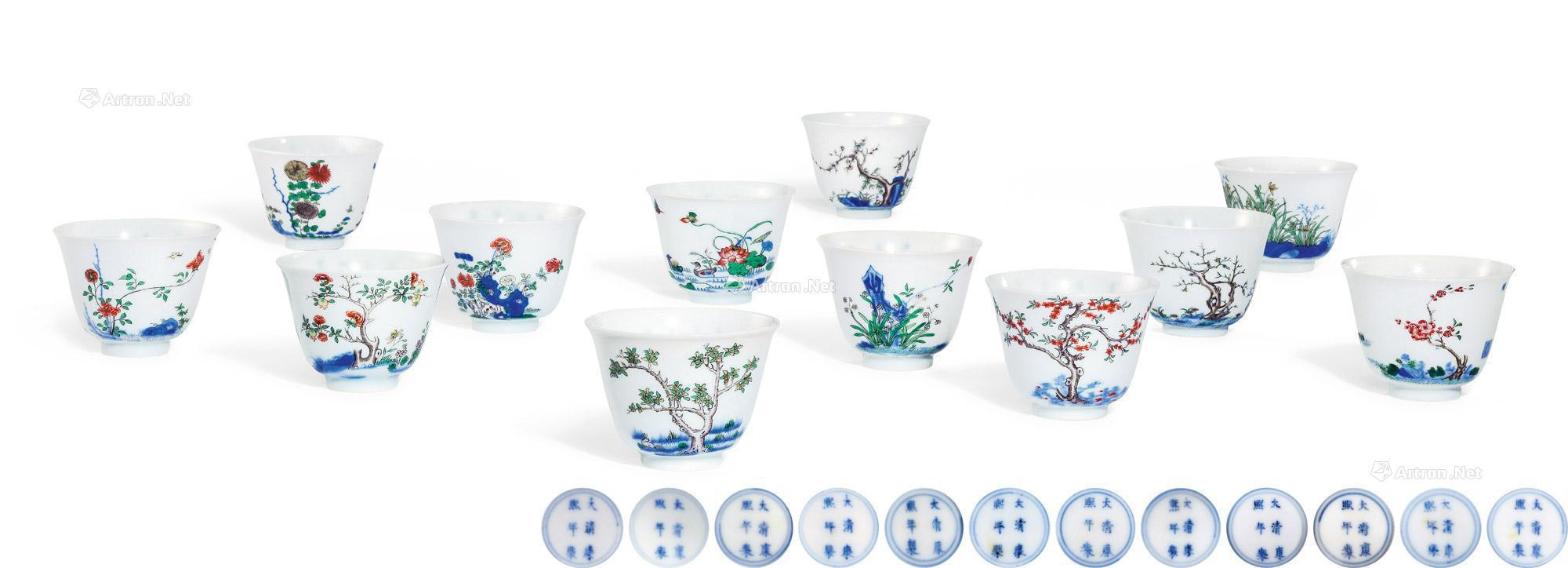 A SET OF TWELVE EXTREMELY RARE WUCAI‘MONTN’ CUPS