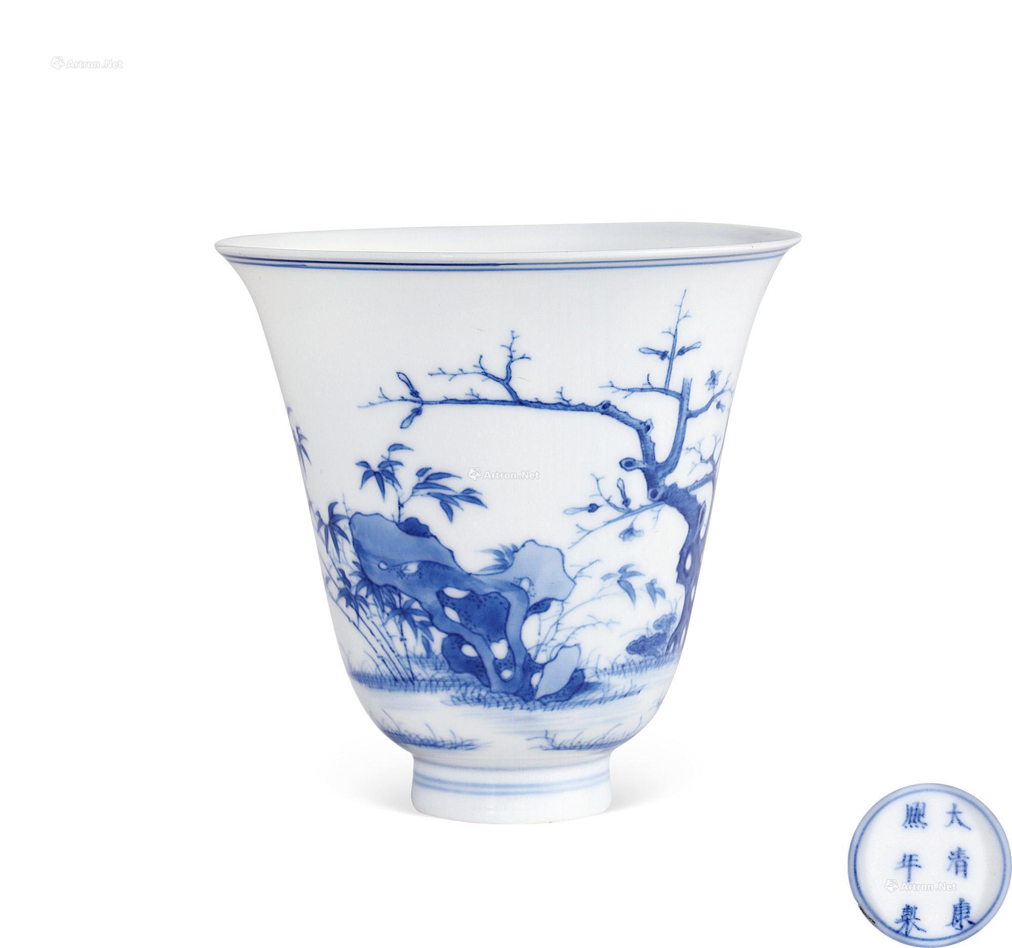 A RARE BLUE AND WHITE‘BAMBOO AND LINGZHI’ WINE CUP
