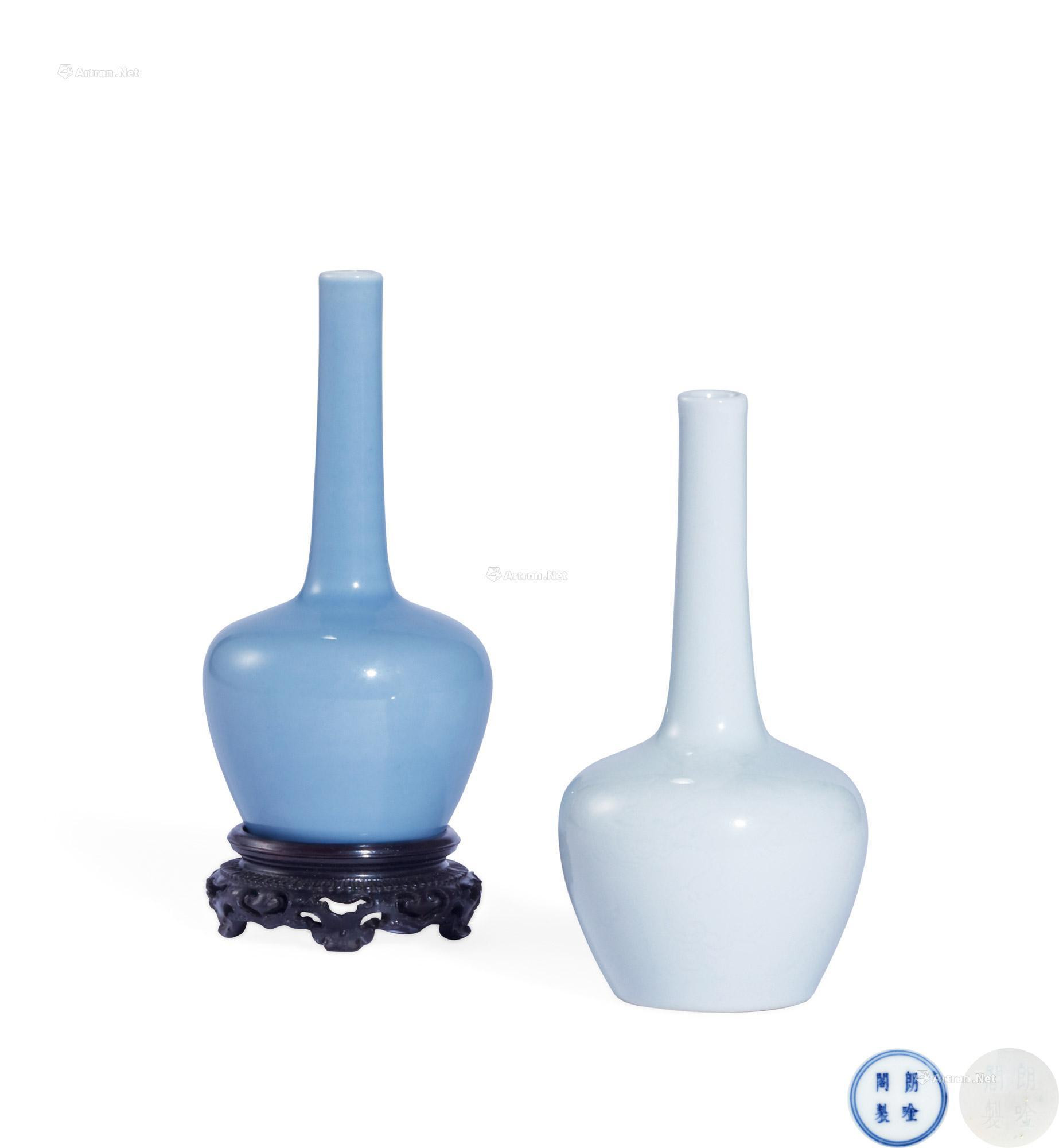 TWO CLAIR-DE-LUNE-GLAZED AND WHITE-GLAZED BOTTLE VASES FOR PRINCE YINZHEN WITH HALLMARK “LANG YIN GE”