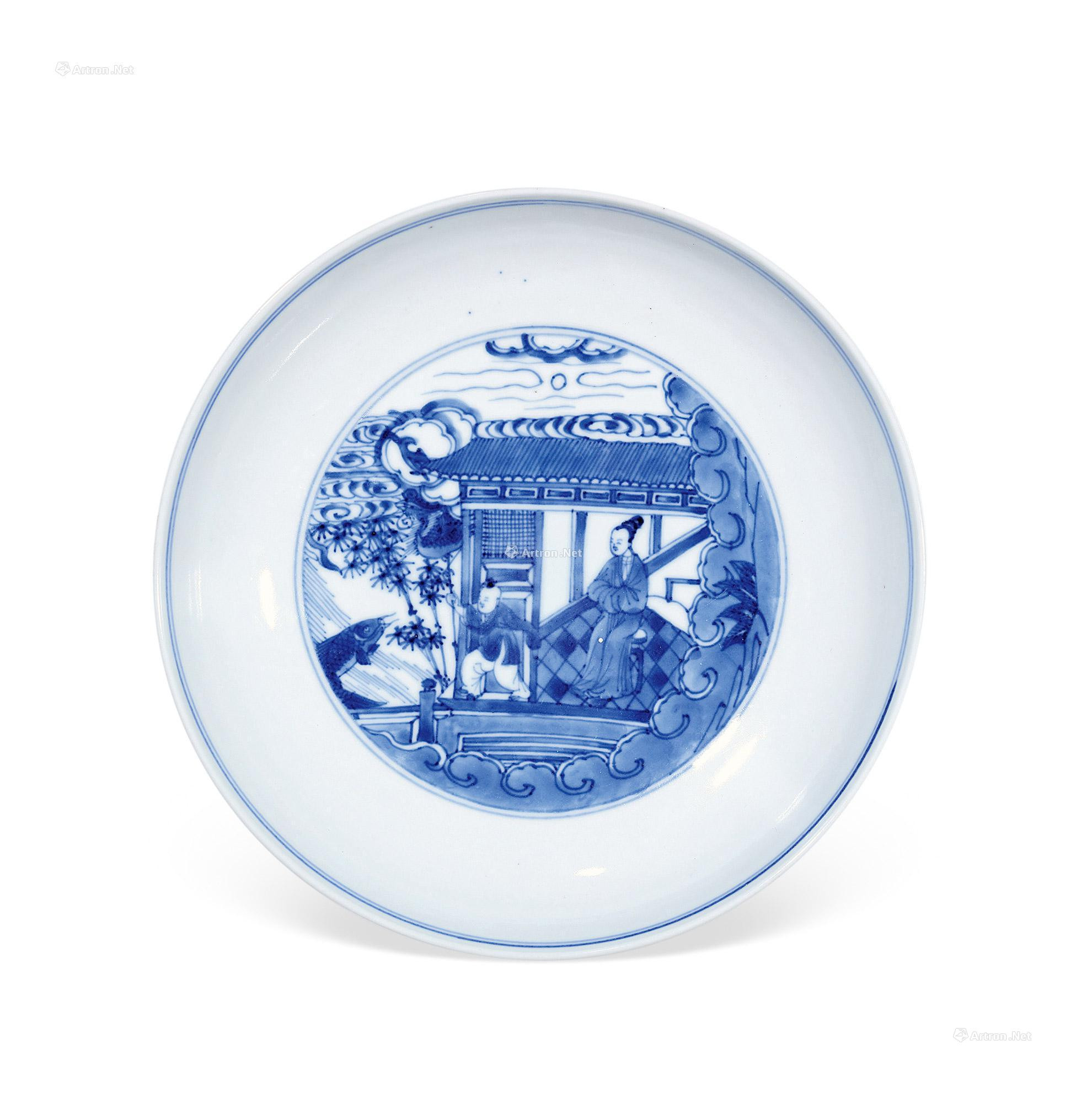 A BLUE AND WHITE PLATE WITH WOMEN AND BABIES PLAY GAMES DISIGN