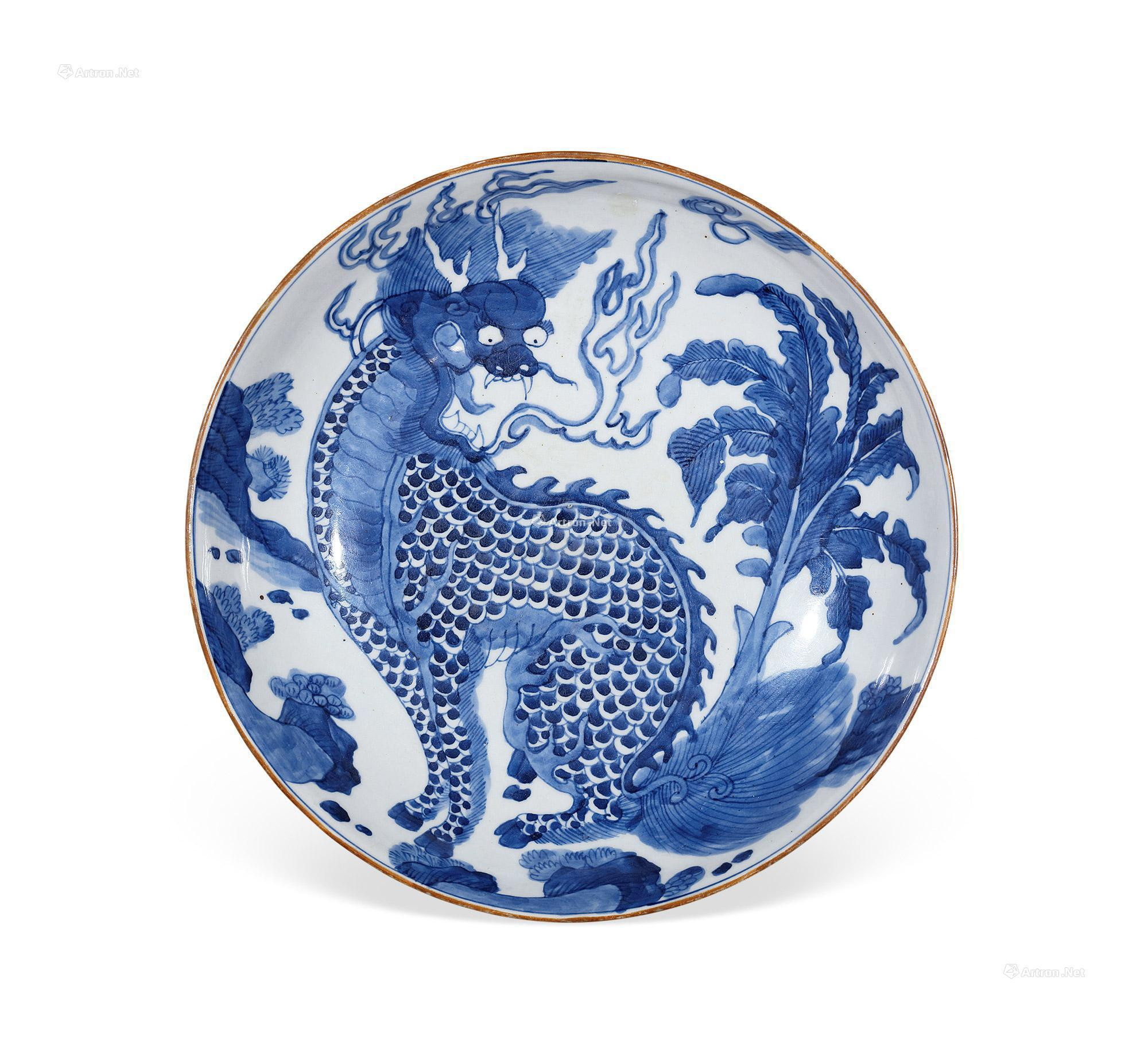 A BLUE AND WHITE MYSTICAL BEAST PLATE