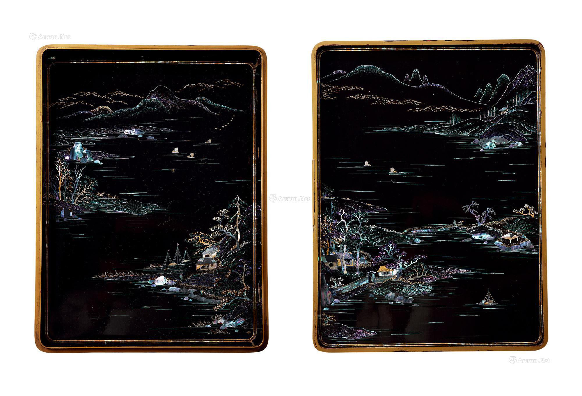 A LARGE CARVED BLACK-LACQUERED BOX INLAID WITH DESIGN OF LANDSCAPE AND FIGURE IN MOTHER-OF-PEARL