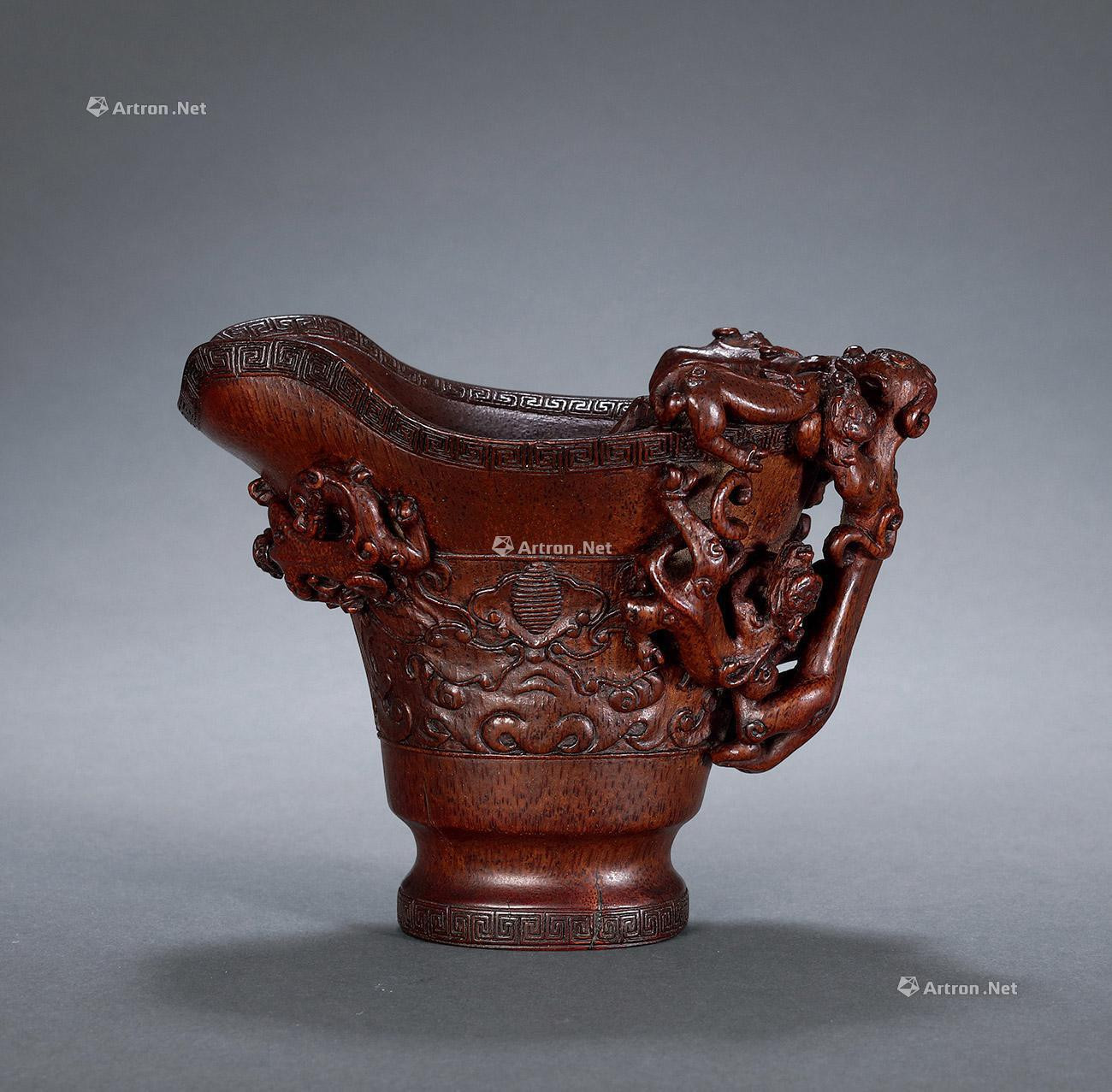 A BAMOO CARVED ‘JUE’ CUP WITH DESIGN OF CHILONG