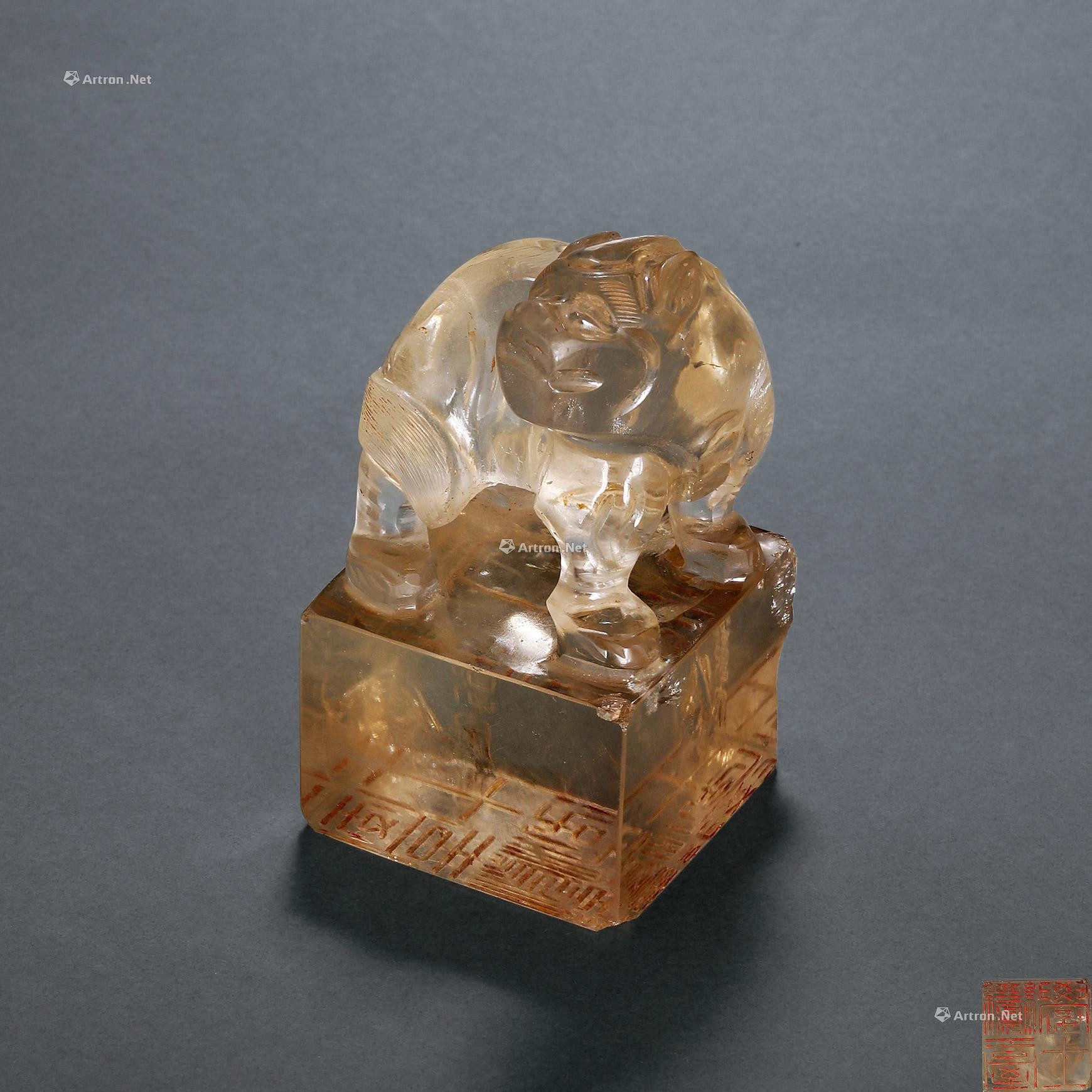 A ROCK CRYSTAL SEAL WITH MYTHICAL BEAST KNOB AND GUO ZONGCHANG INSCRIPTION