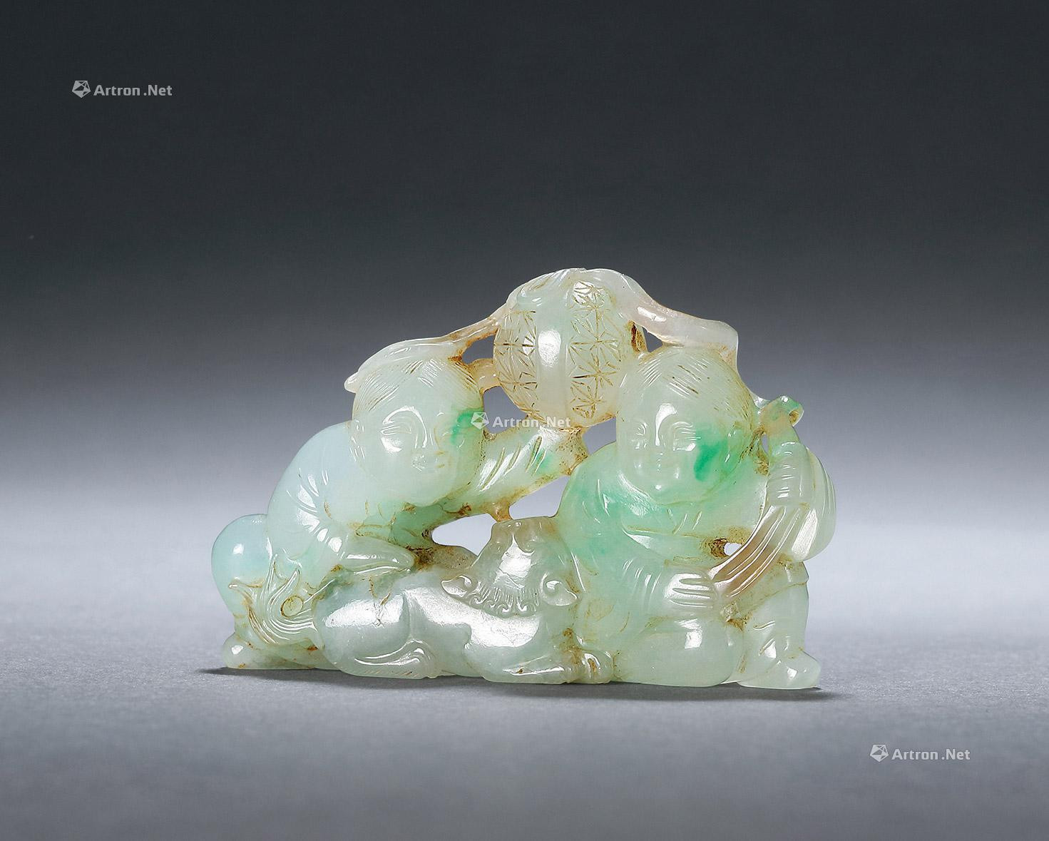 A CARVED JADEITE ‘TWO IMMORTALS’ ORNAMENTS