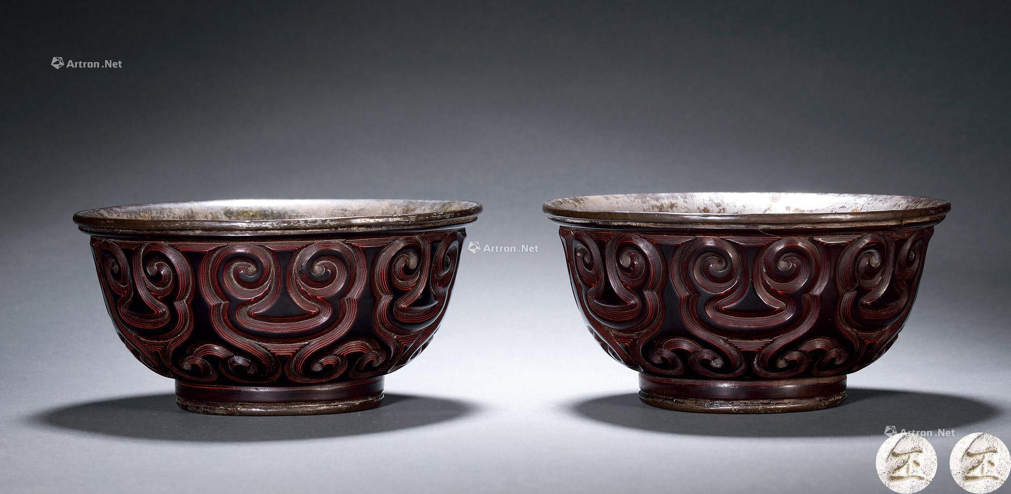 PAIR OF COPPER WITH SILVER BOWLS IN BLACK LACQUER CLOUD DESIGN