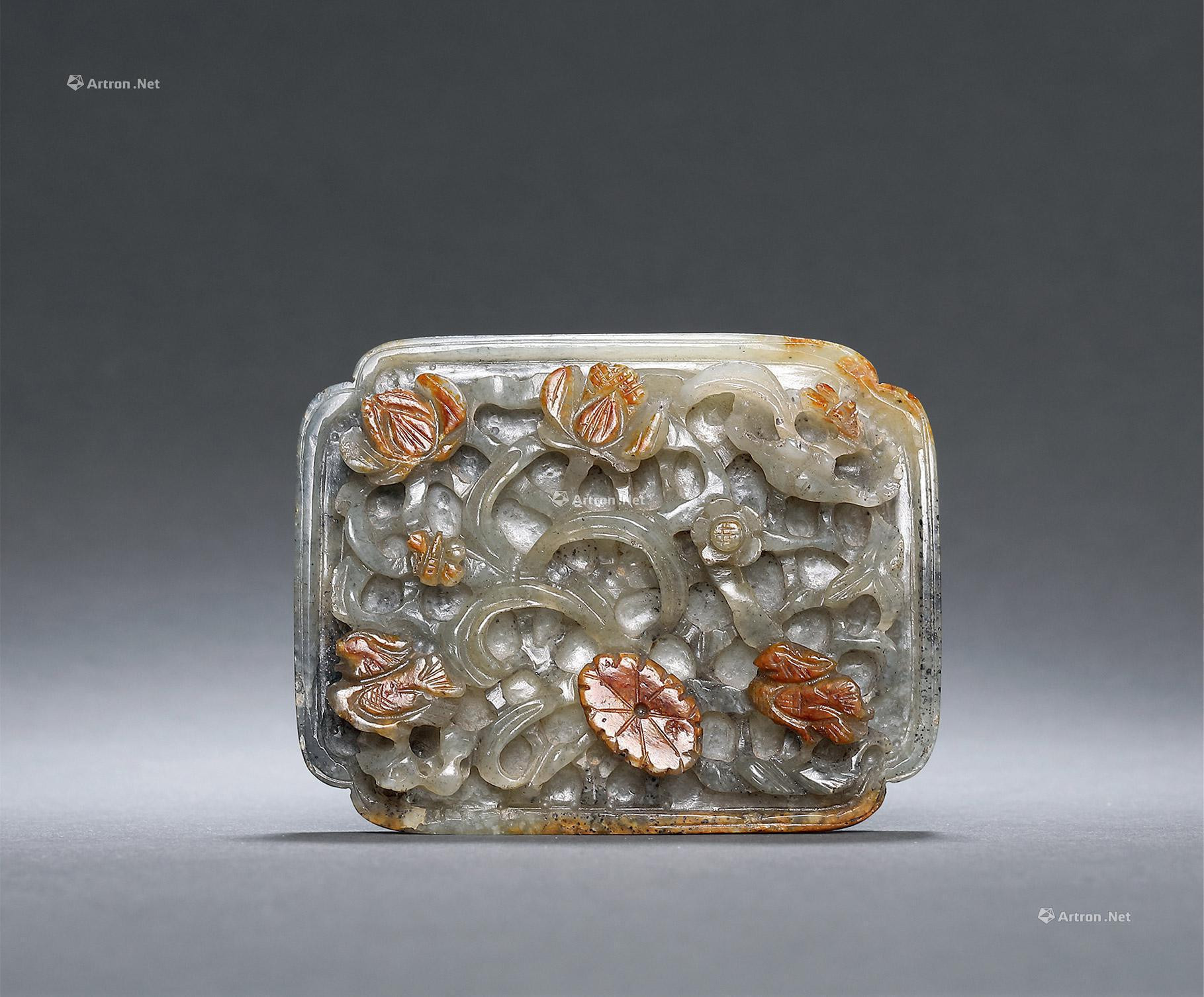 A CARVED GREY WHITE JADE BELT PLATE WITH DESIGN OF LOTUS POND AND MANDARIN DUCK