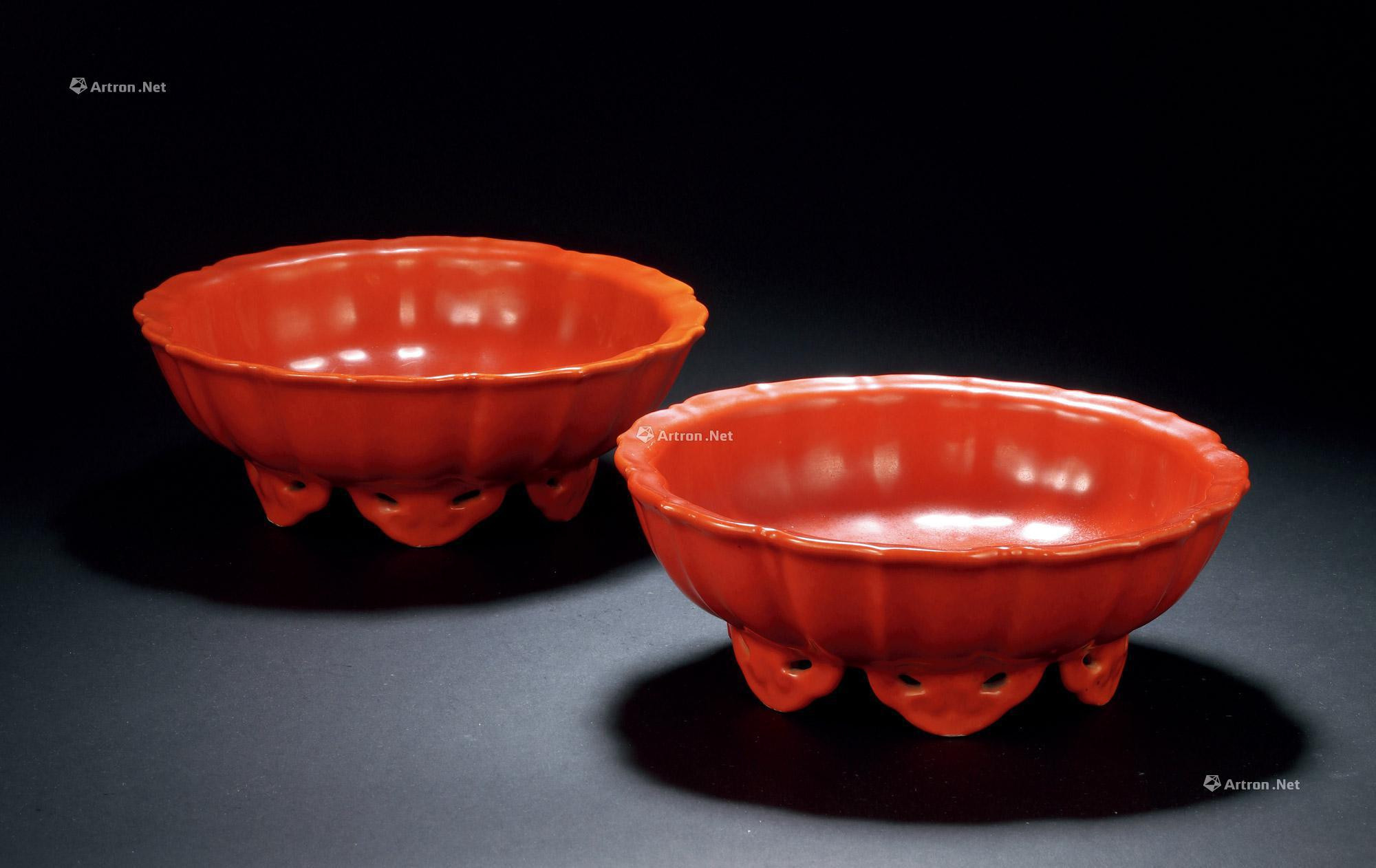 A PAIR OF CORAL- RED GLAZE WASHER WITH RUYI-SHAPED FEET