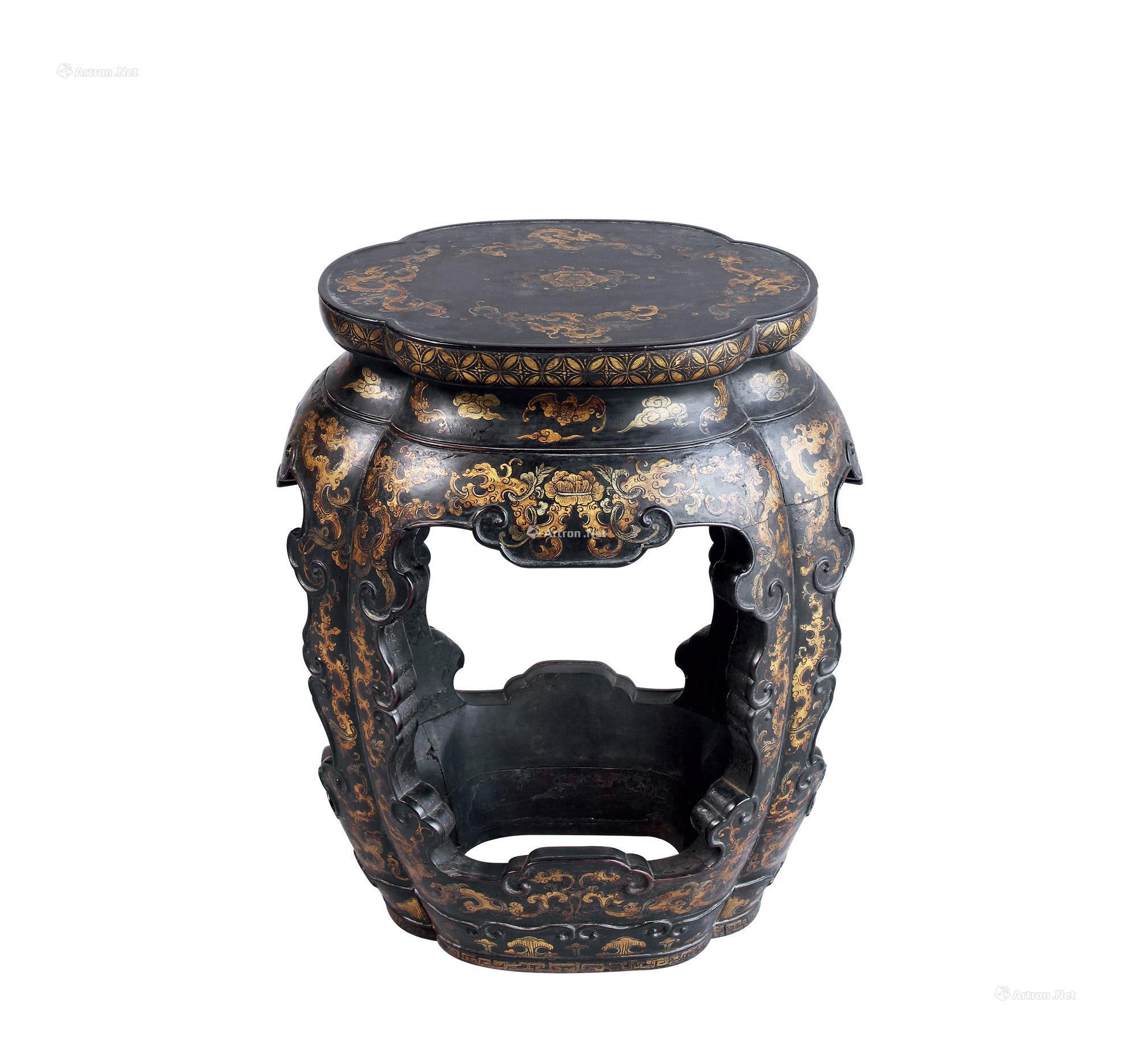 Zitan Black And Gilt Lacquered Melon-Form Stool， Gudeng