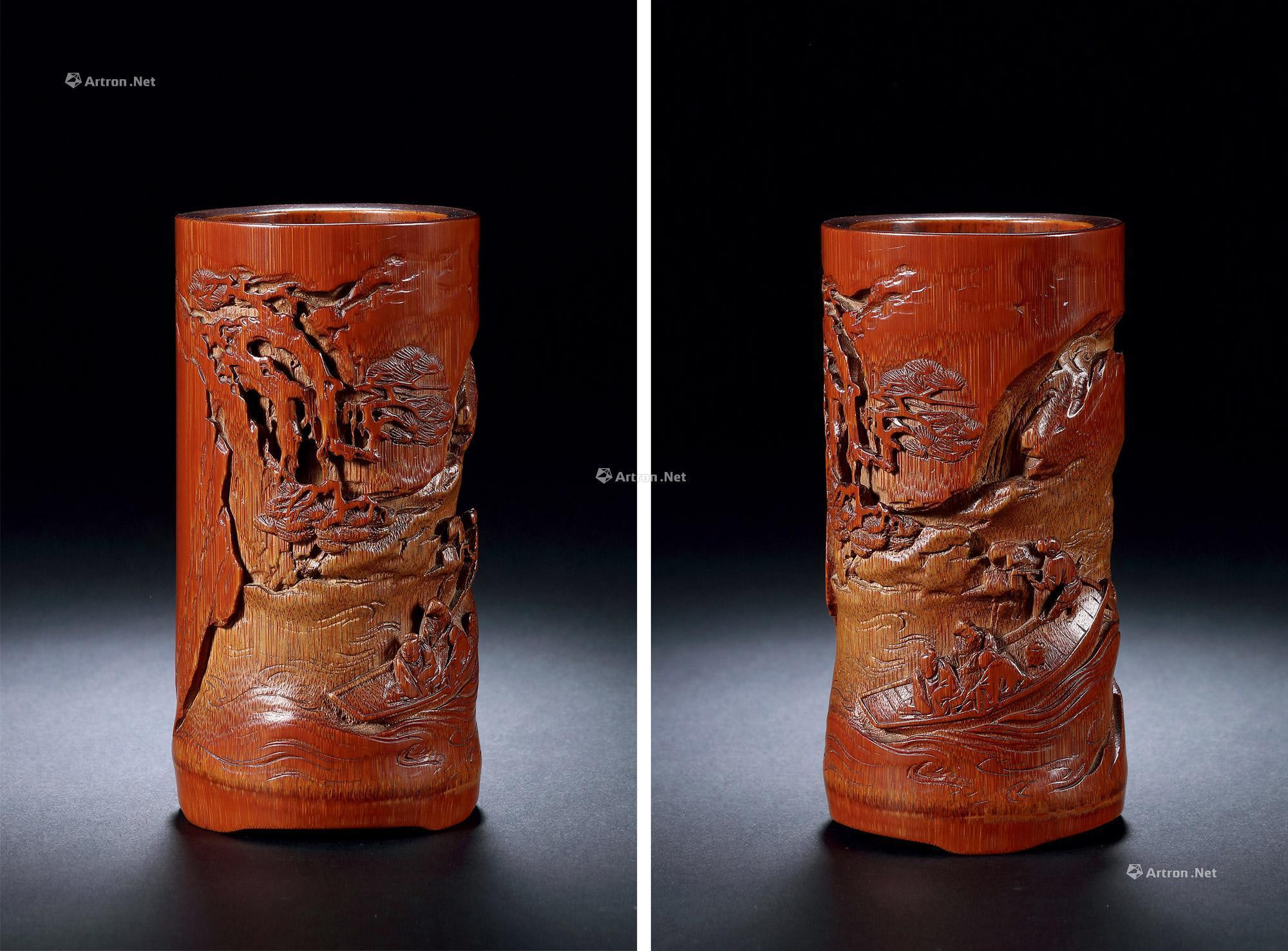 A BAMBOO CARVED ‘RED CLIFF BOATING’ BRUSH POT BY WANG MEILIN
