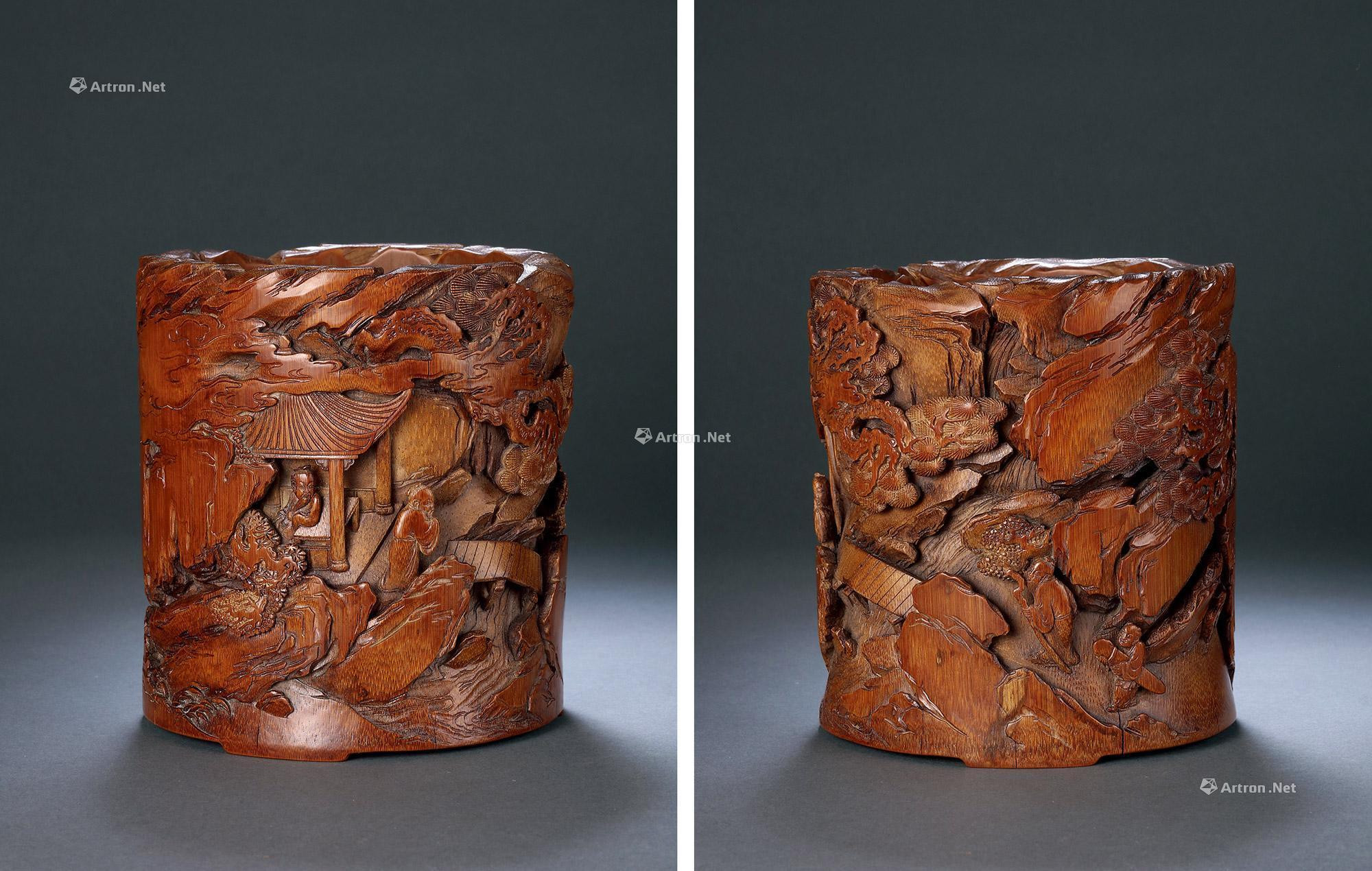 A BAMBOO CARVED ‘SCHOLAR VISITING’ BRUSH POT