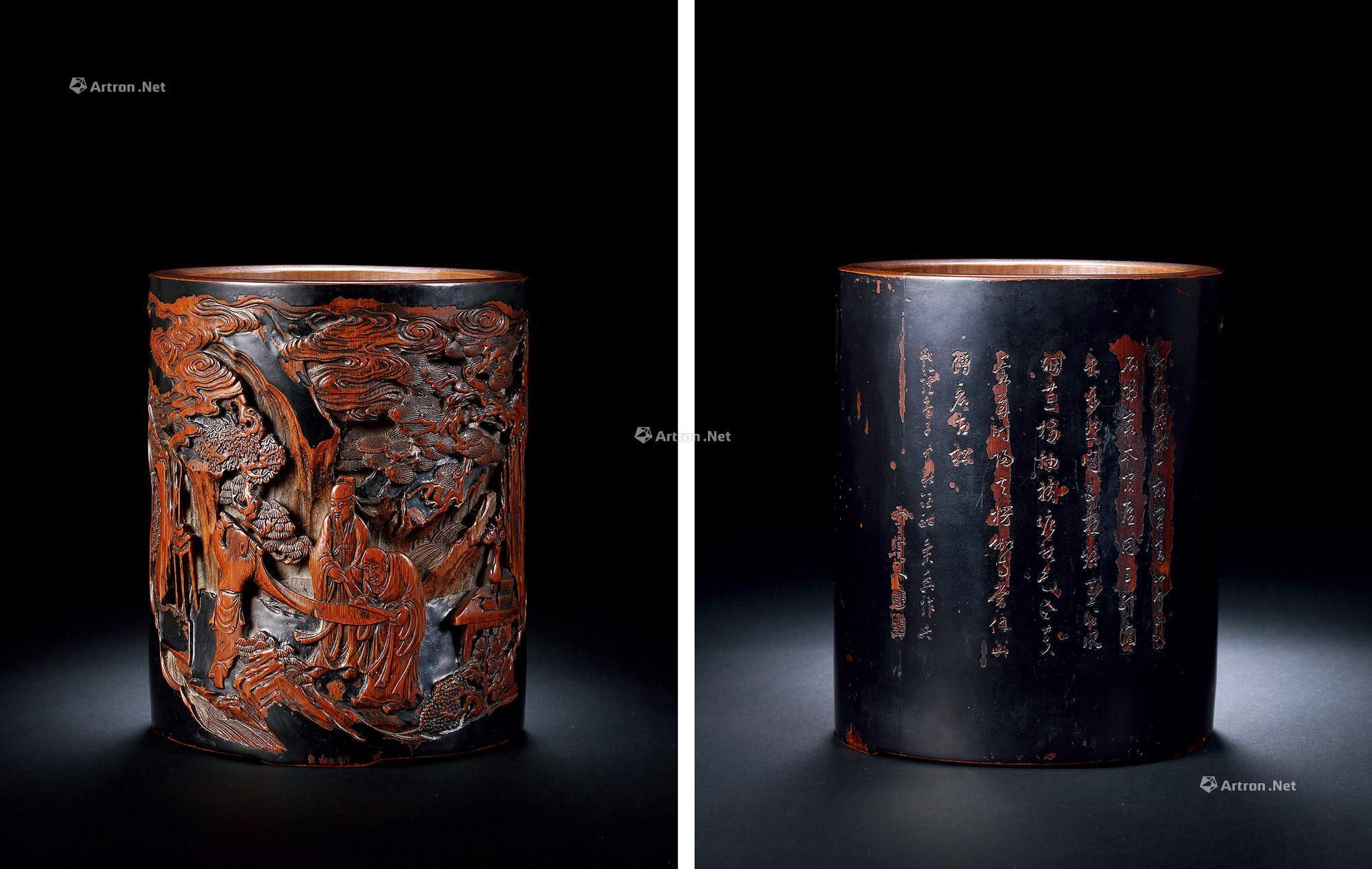 A BAMBOO CARVED BRUSH POT WITH INSCRIPTION BY DENG WEI