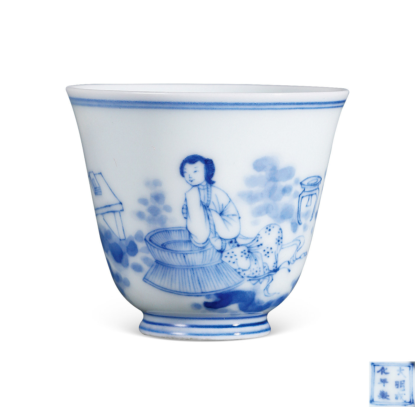 A BLUE AND WHITE CUP WITH LADIES DESIGN