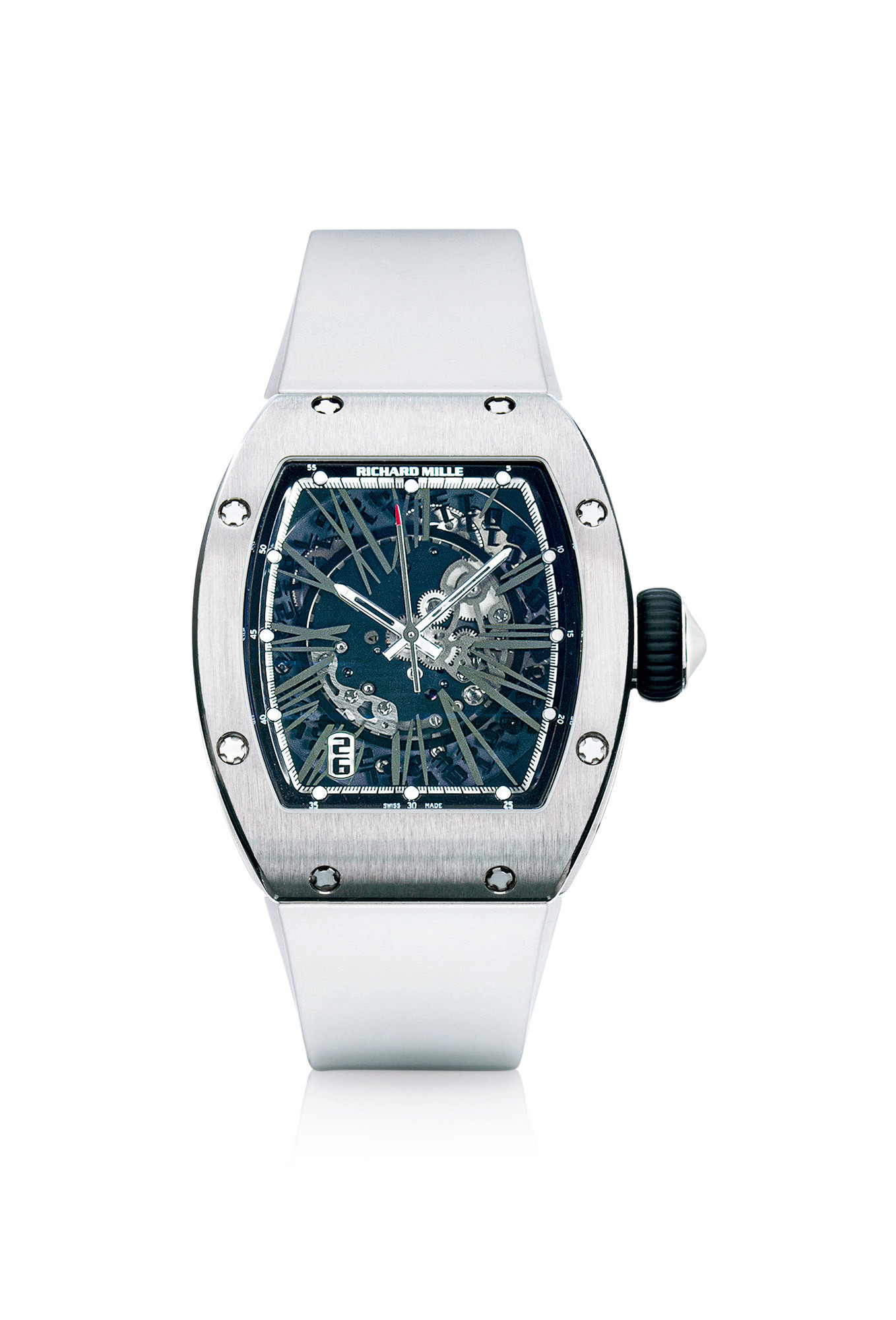 RICHARD MILLE A VERY FINE WHITE GOLD TONNEAU-SHAPED AUTOMATIC WRISTWATCH，WITH DATE，ACCOMPANIED WITH CERTICATE OF ORIGIN，INSTRUCTION PAPER AND PRESENTATION BOX