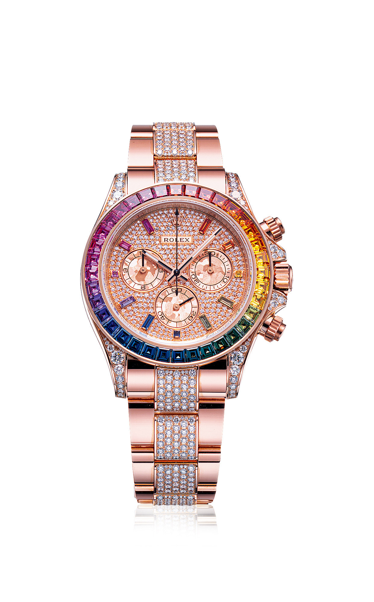 ROLEX AN ATTRACTIVE AND VERY FINE ROSE GOLD，DIAMOND AND RAINBOW SAPPHIRE-SET CHRONOGRAPH AUTOMATIC BRACELET WATCH，WITH SMALL SECONDS ，ACCOMPANIED WITH CERTIFICATE OF ORIGIN AND PRESENTATION BOX