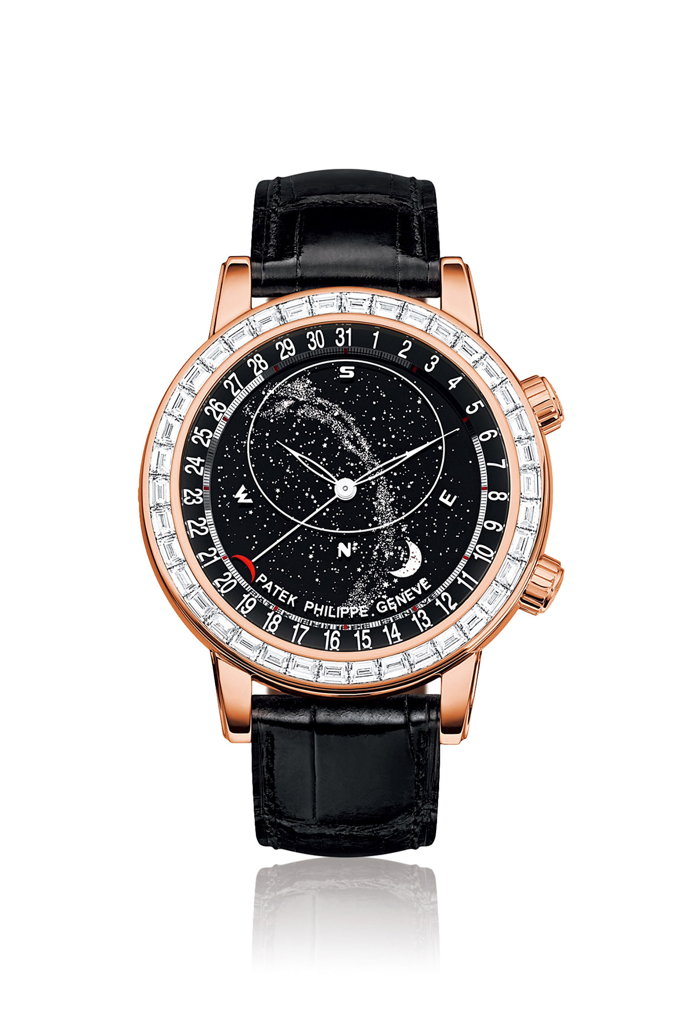 PATEK PHILIPPE A MAGNIFICENT AND RARE ROSE GOLD AND DIAMOND-SET ASTRONOMICAL AUTOMATIC WRISTWATCH，WITH DATE，SKY CHART，PHASES AND POSITION OF THE MOON AND TIME OF MERIDIAN PASSAGE OF SIRIUS AND THE MOONS，ACCOMPANIED WITH CERTIFICATE OF ORIGIN AND PRESENTAT