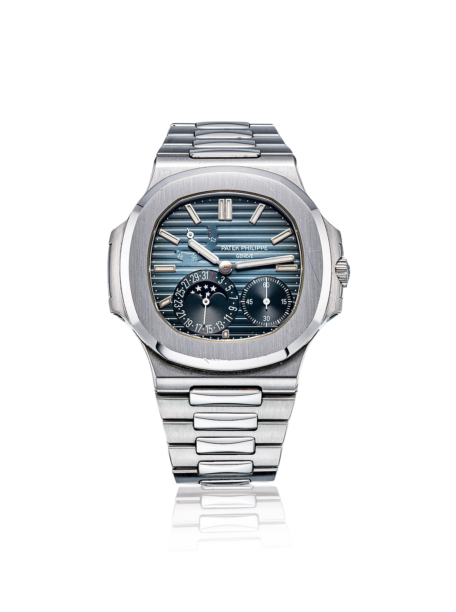 PATEK PHILIPPE A FINE STAINLESS STEEL ROUNDED OCTAGONAL AUTOMATIC BRACELET WATCH，WITH DATE，MOON PHASES，POWER RESERVE INDICATORS AND SMALL SECONDS，ACCOMPANIED WITH CERTIFICATE OF ORIGIN AND PRESENTATION BOX