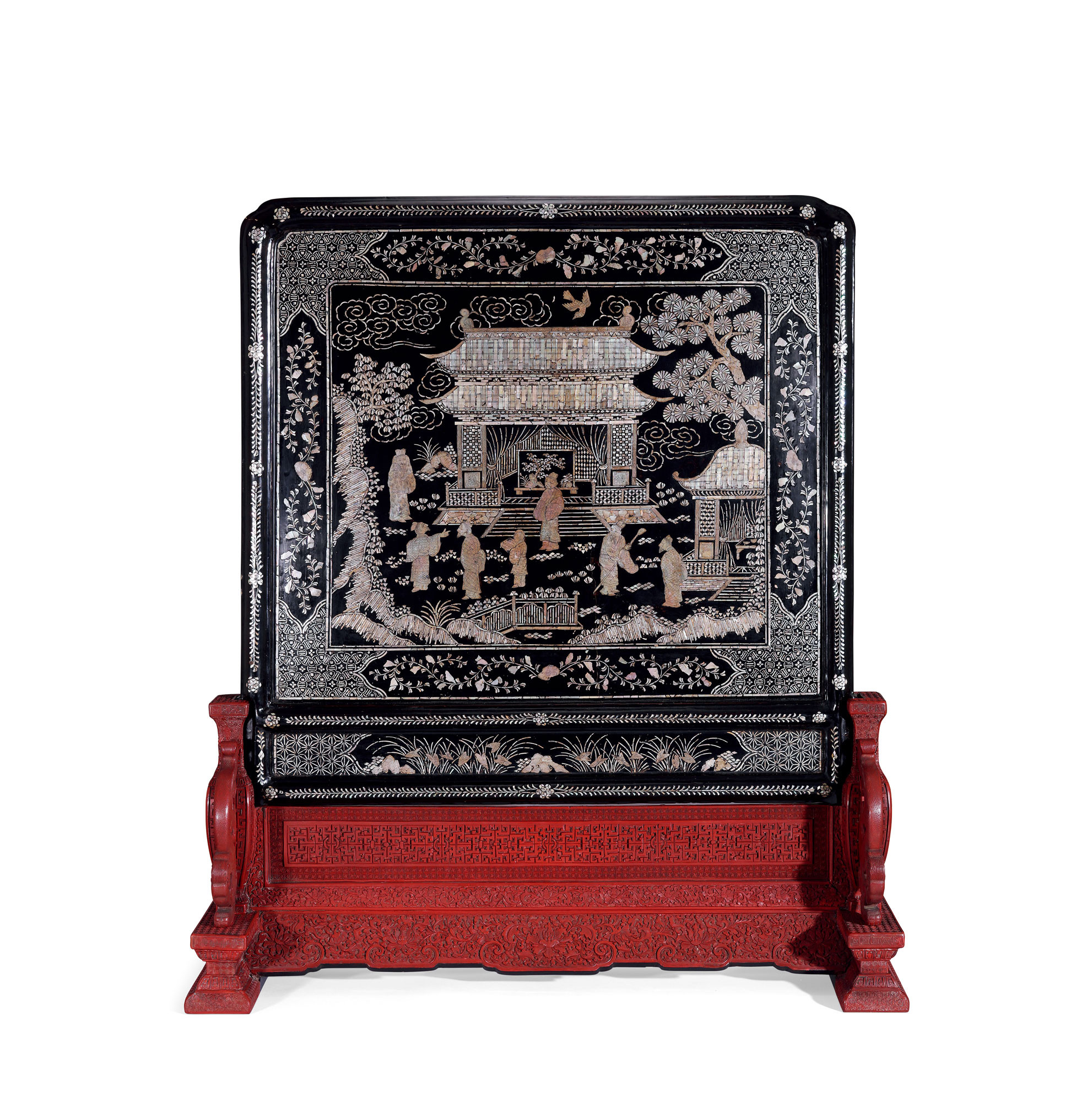 A LARGE LACQUER WITH MOTHER-OF -PEARL INLAID PANEL