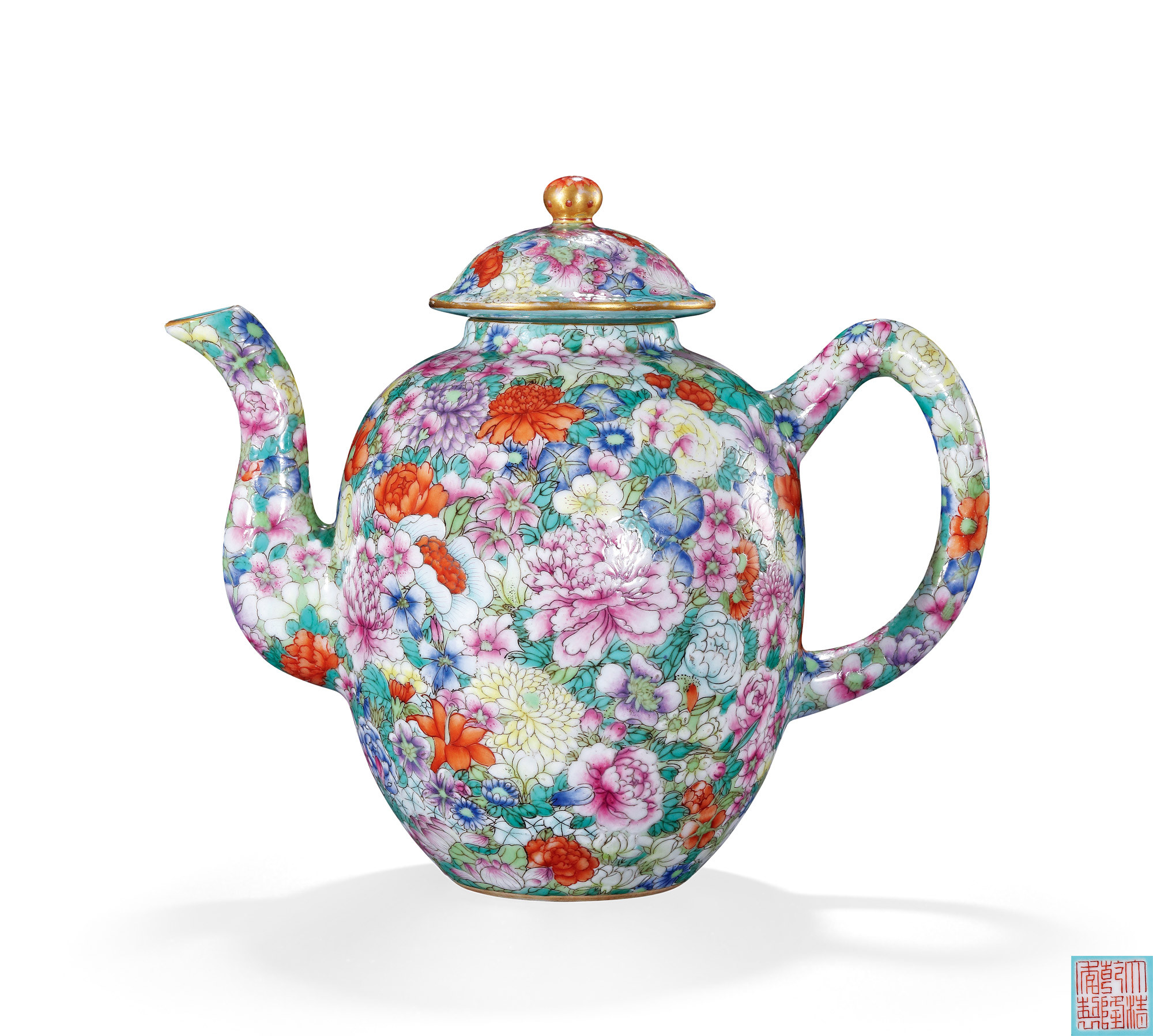 A VERY RARE FAMILLE-ROSE ‘FLORALS’ TEAPOT