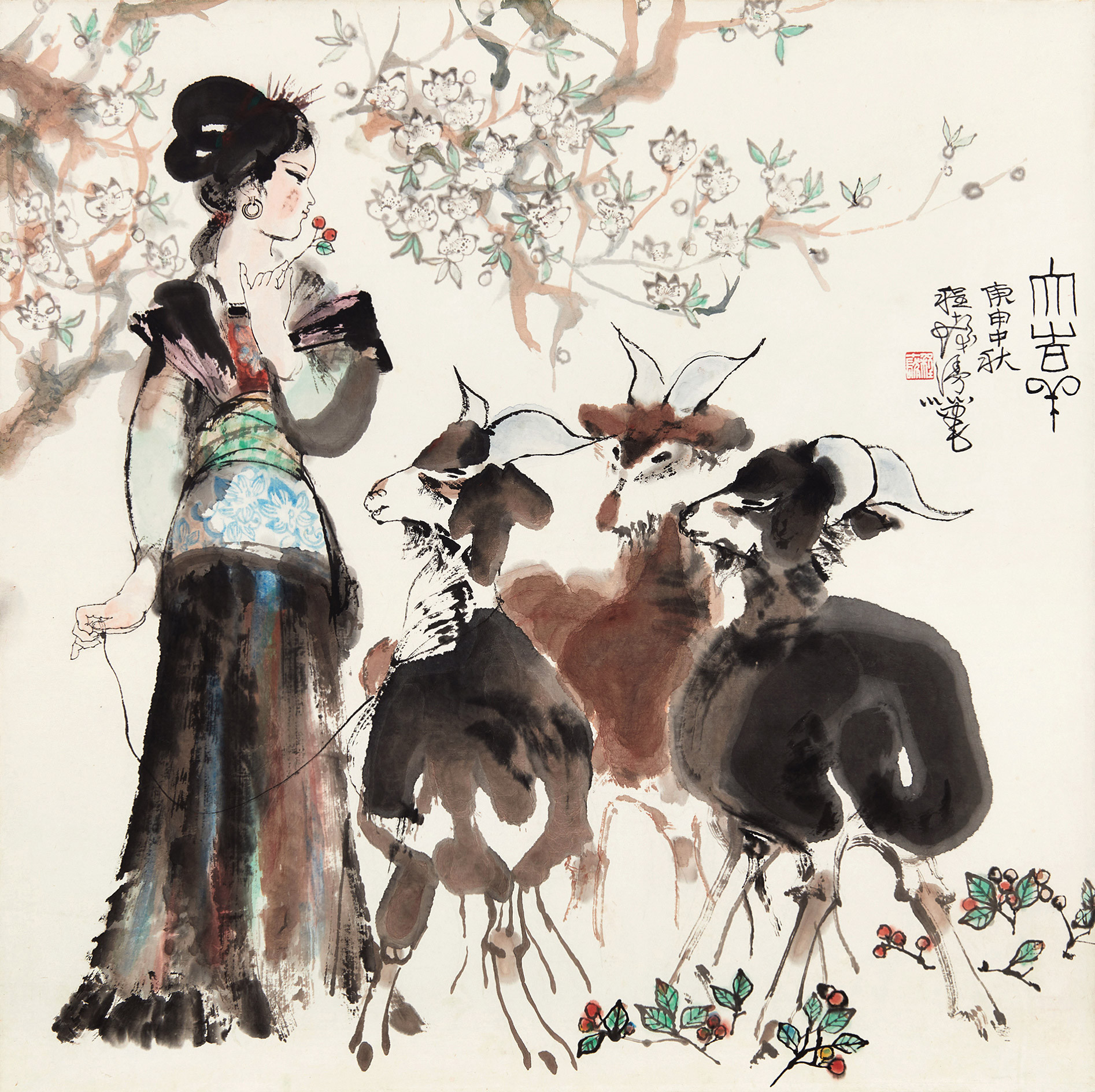 Lady and Three Sheep