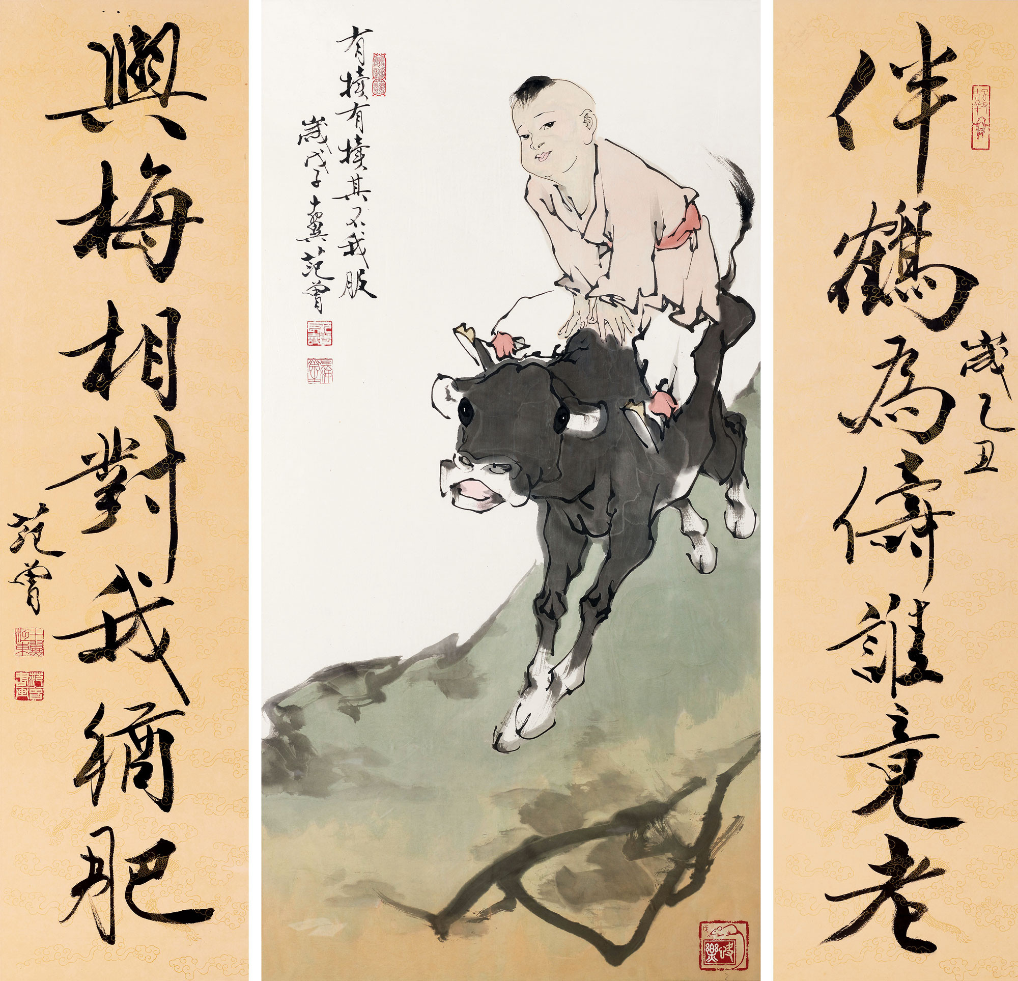 Seven- Characters Calligraphic Couplet in Running Script and Boy on the Cattle