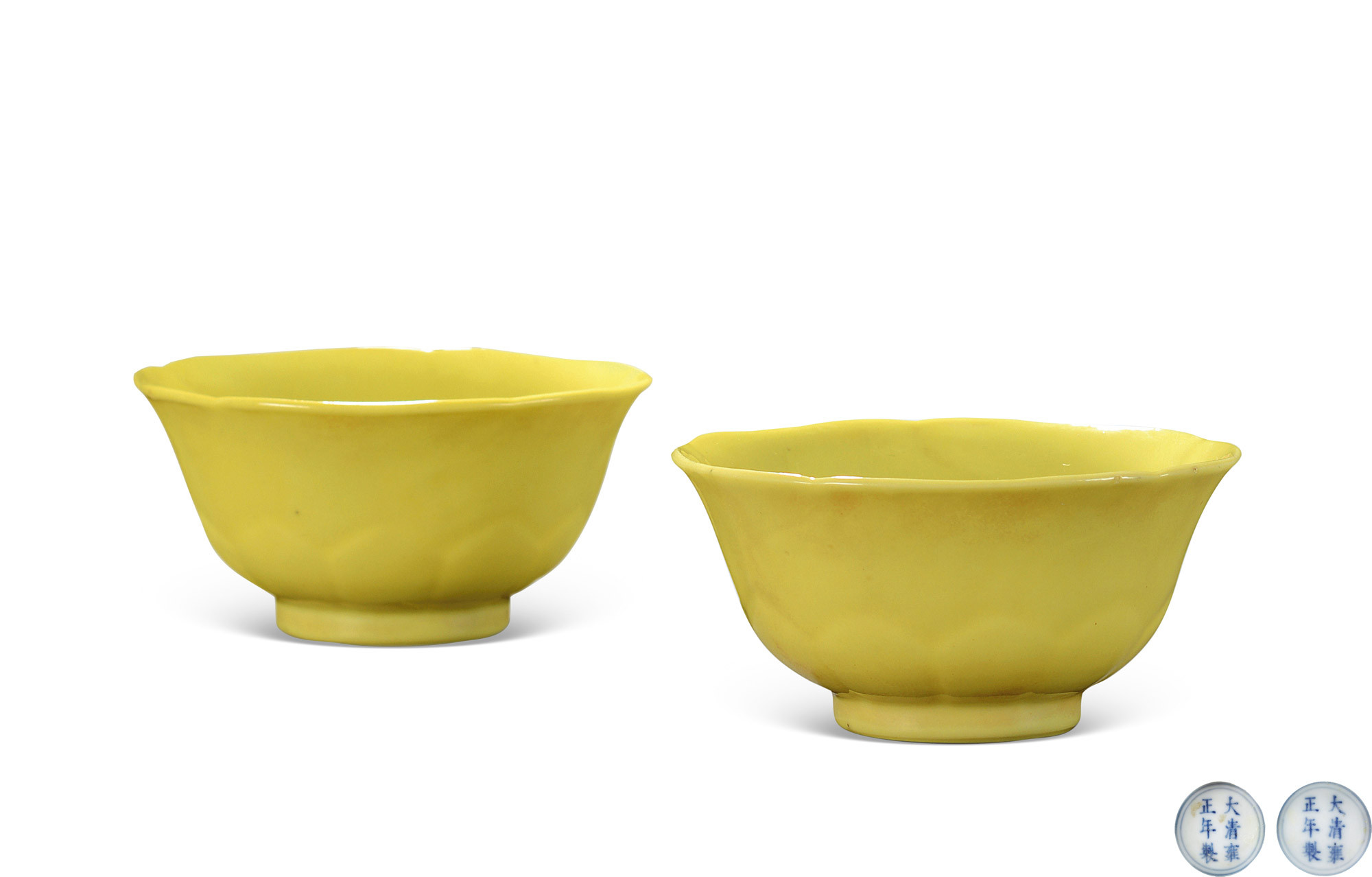 A PAIR OF  LEMON-YELLOW GLAZED LOTUS SHAPED CUPS