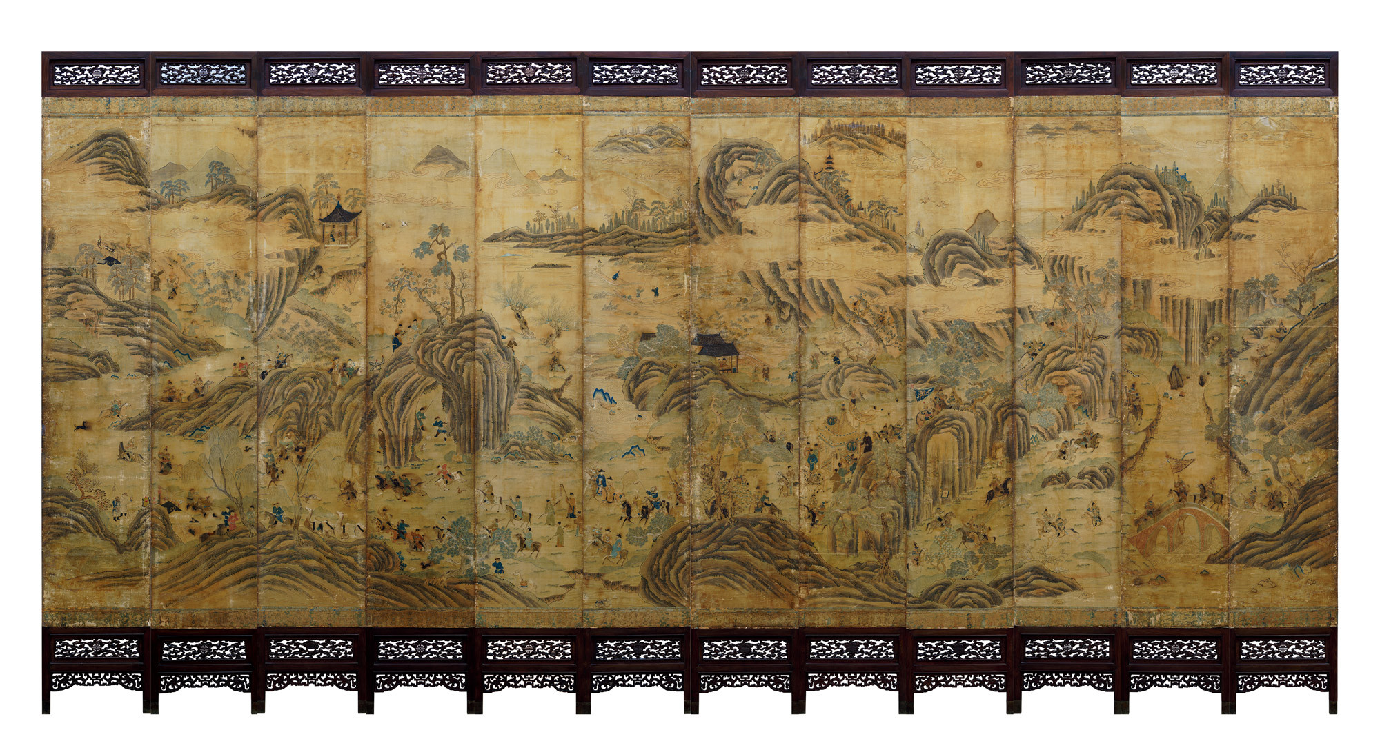 AN EXTREMELY RARE AND IMPORTANT IMPERIAL SET OF TWELVE-PANEL SCREENS WITH ZITAN FRAME