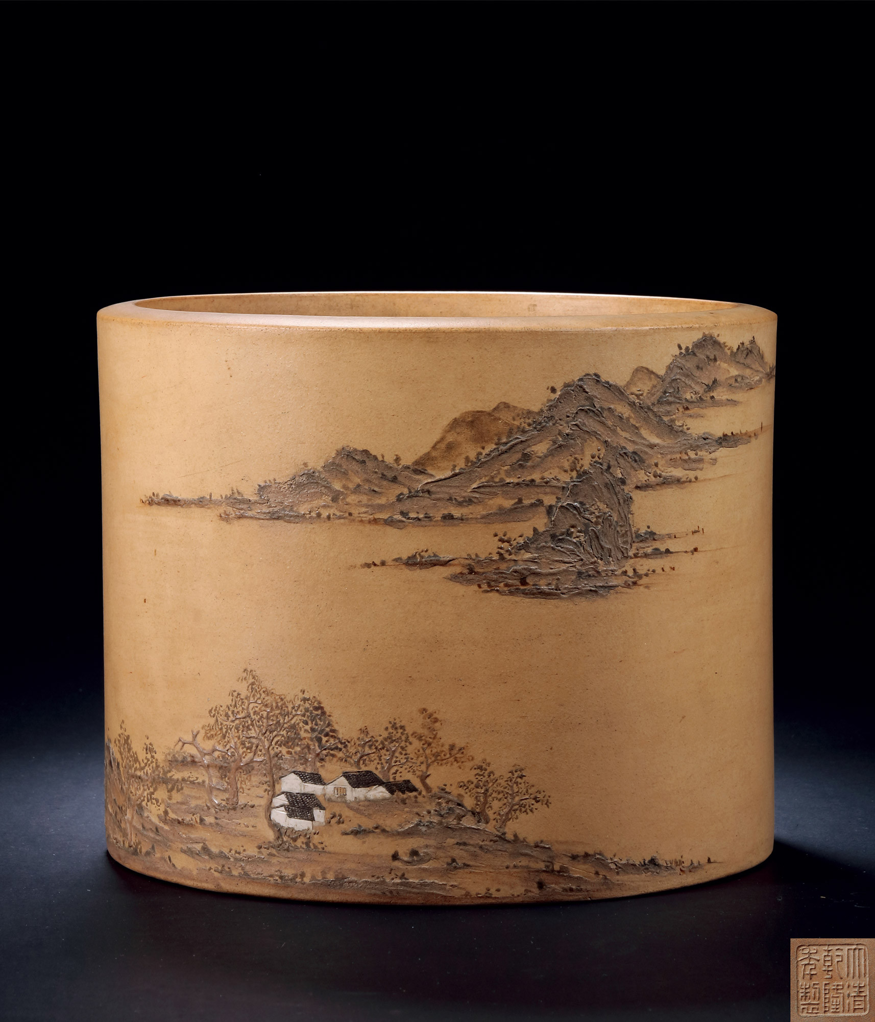 AN EXTREMELY RARE AND IMPERIAL ZISHA CLAY BRUSH POT