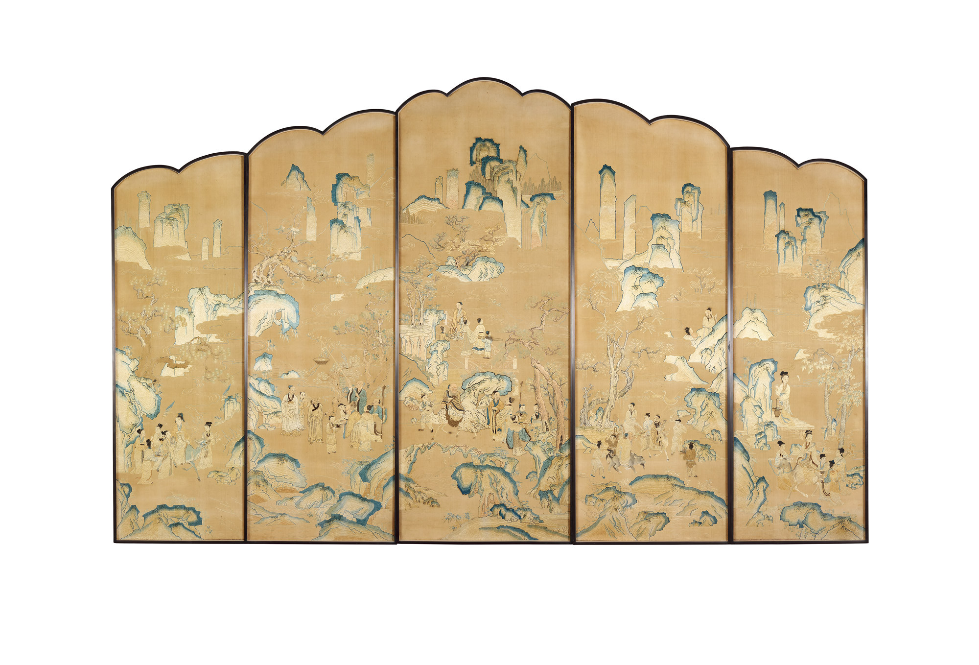 AN IMPORTANT AND FINELY SET OF EMBROIDED LANDSCAPE FIVE-PANEL SCREENS WITH LANDSCAPE