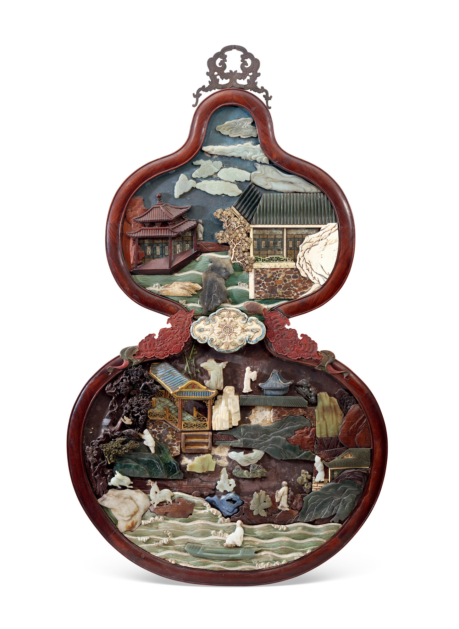AN IMPORTANT AND IMPERIAL GOURD-SHAPED INLAID JADE AND MARBLE HANGING SCREEN