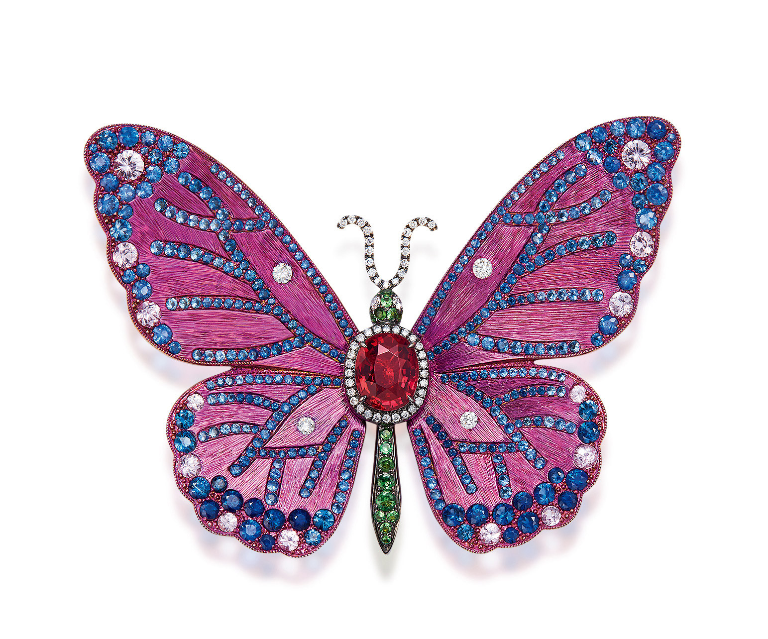 A SPINEL, SAPPHIRE AND DIAMOND ’BUTTERFLY’ BROOCH