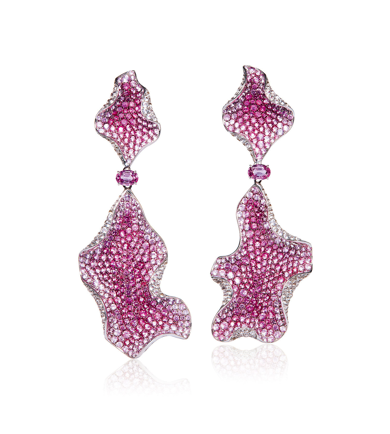 A PAIR OF PINK SAPPHIRE AND DIAMOND EAR PENDANTS