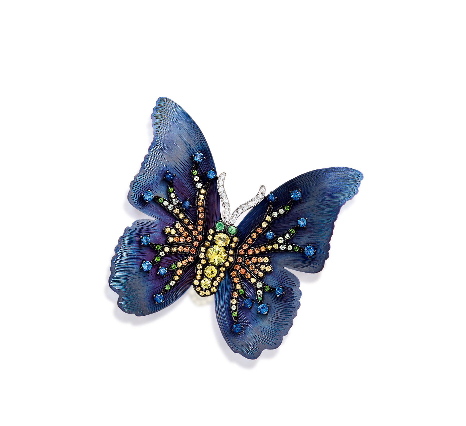A COLORED SAPPHIRE AND DIAMOND ’BUTTERFLY’ BROOCH