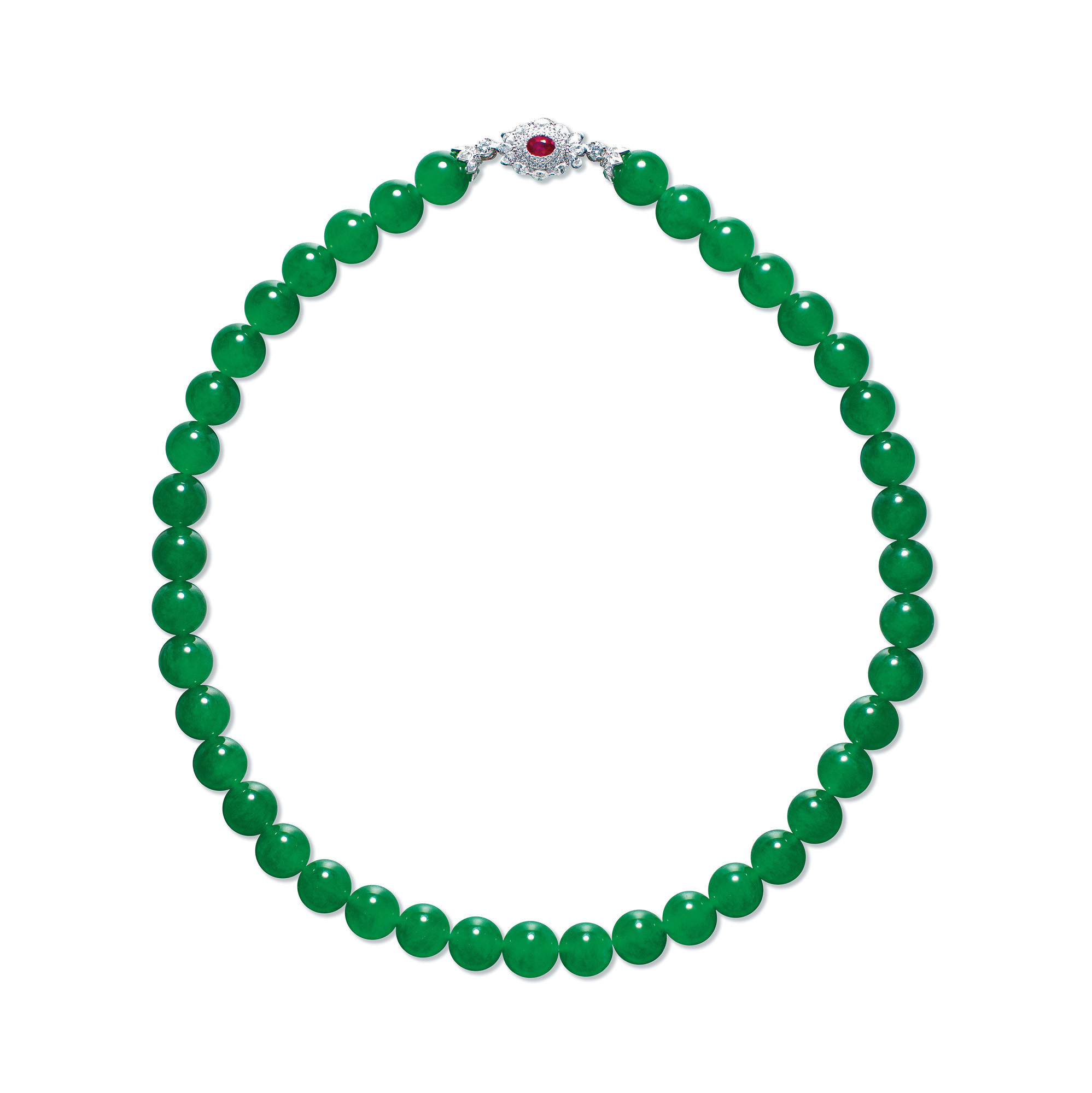 AN EXCEPTIONALLY FINE AND IMPORTANT JADEITE BEAD,DIAMOND AND RUBY NECKLACE