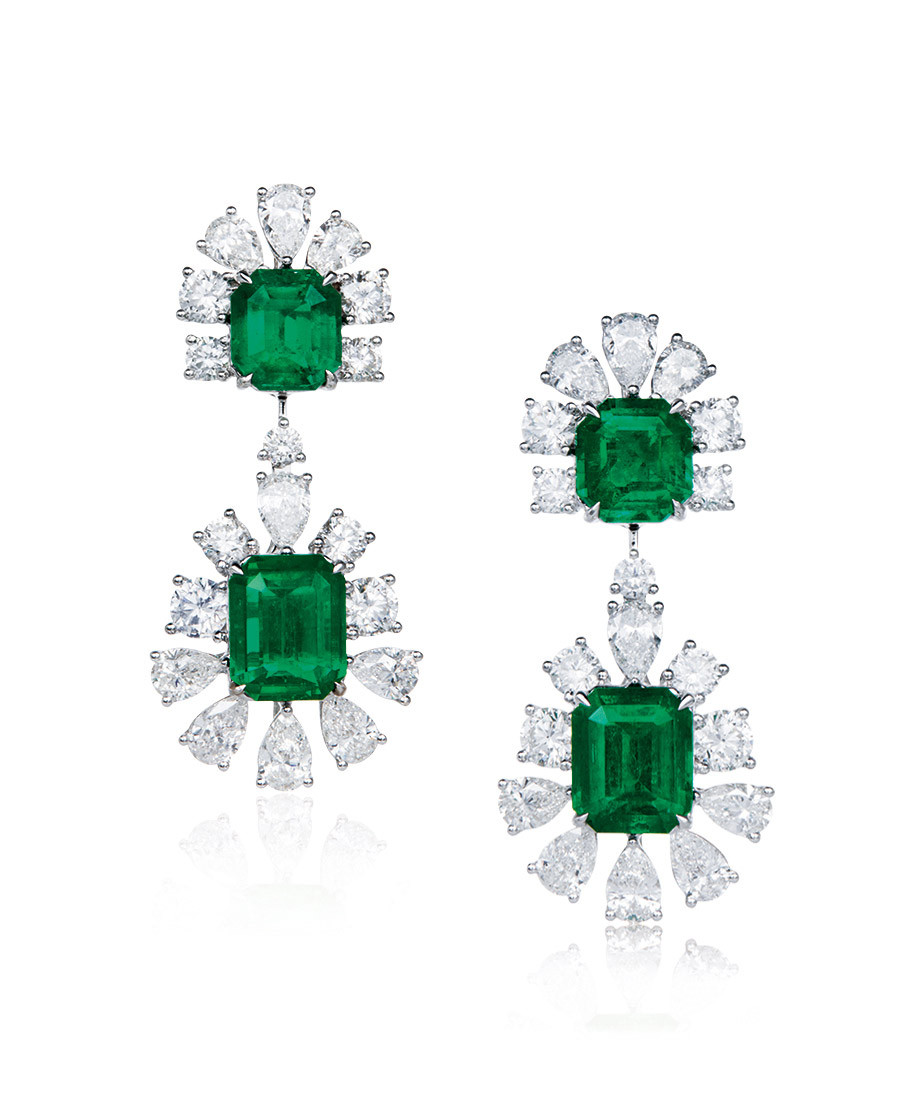 A TOTAL OF 6.96 CARAT COLOMBIAN ’muzo green and vivid green’ EMERALD AND DIAMOND EAR PENDANTS