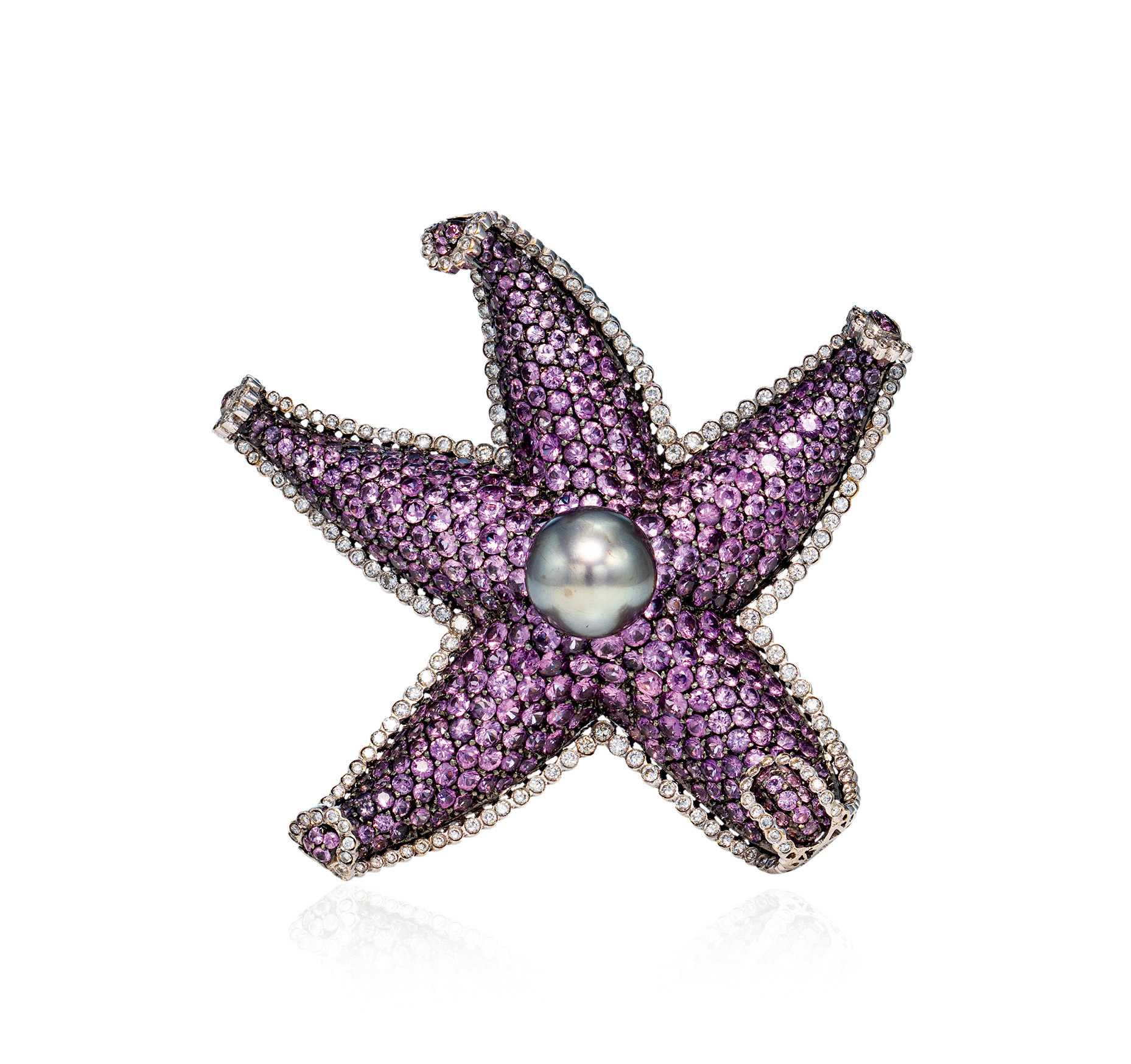 A CULTURED PEARL, DIAMOND AND PINK SAPPHIRE ’STARFISH’  BROOCH