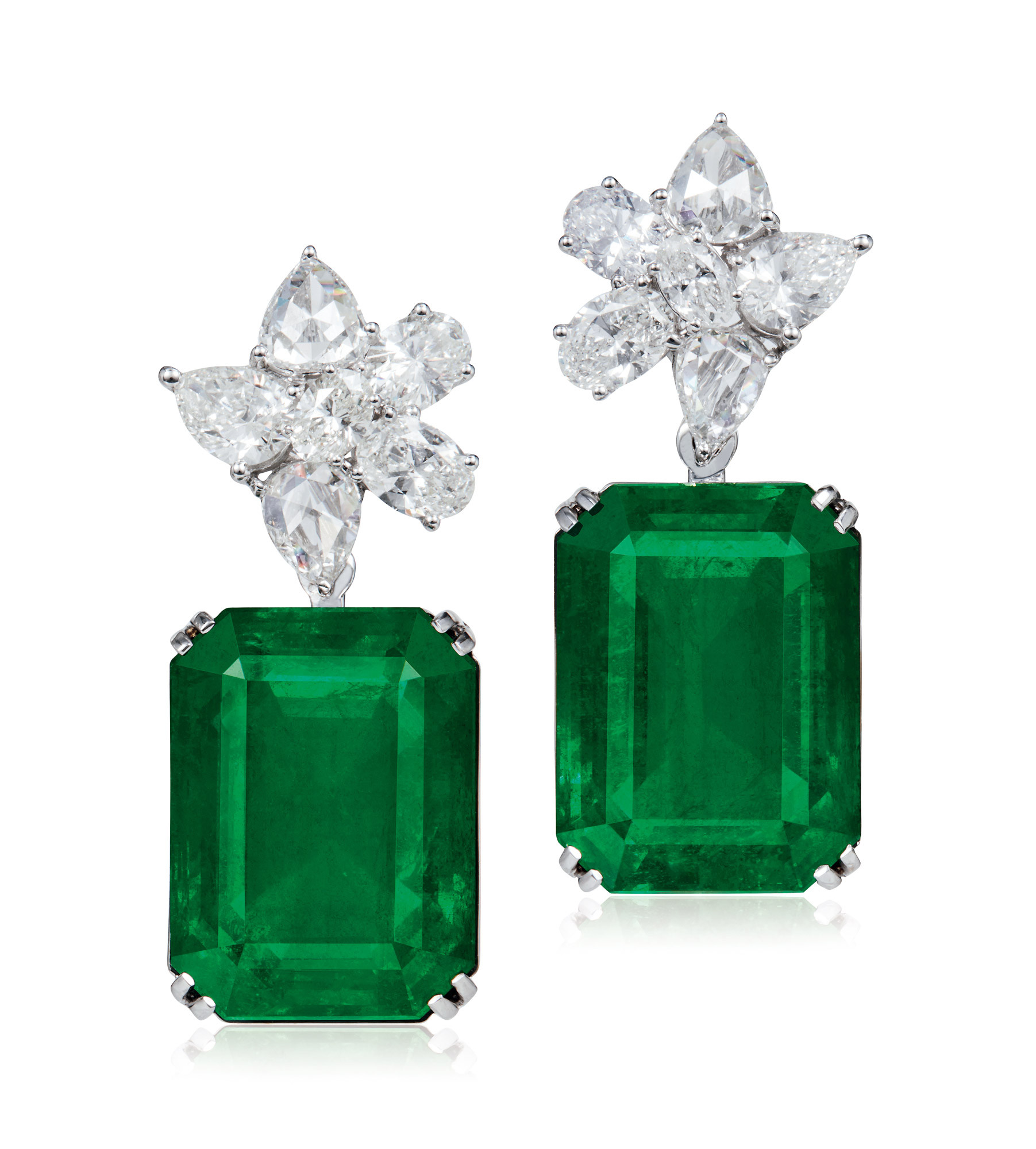 A PAIR OF 19.41 AND 18.74 CARAT ZAMBIAN EMERALD AND DIAMOND EAR PENDANTS