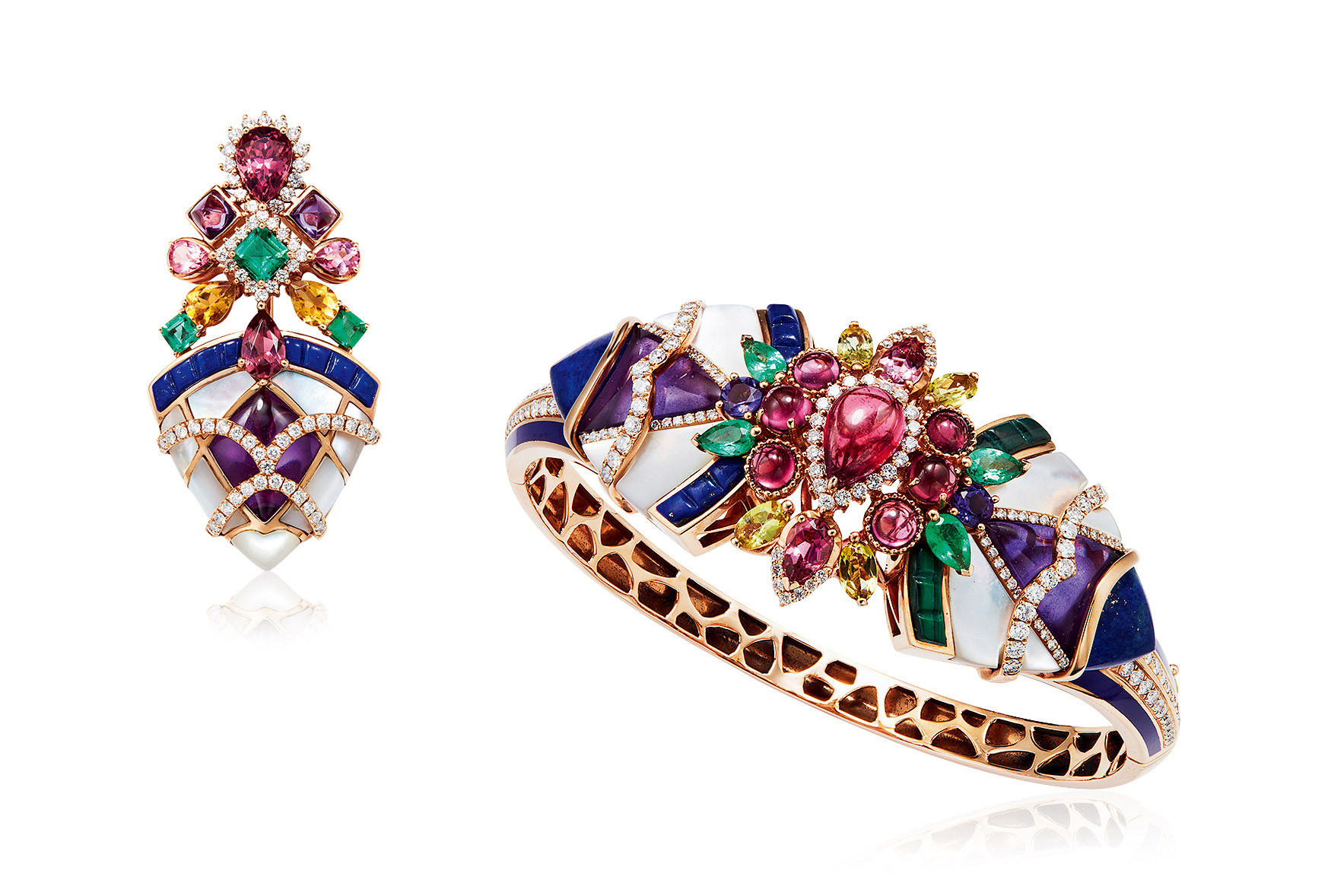 A SET OF TOURMALINE, DIAMOND AND COLORED STONE BANGLE AND BROOCH, DESIGNED BY WEI WENJaUN