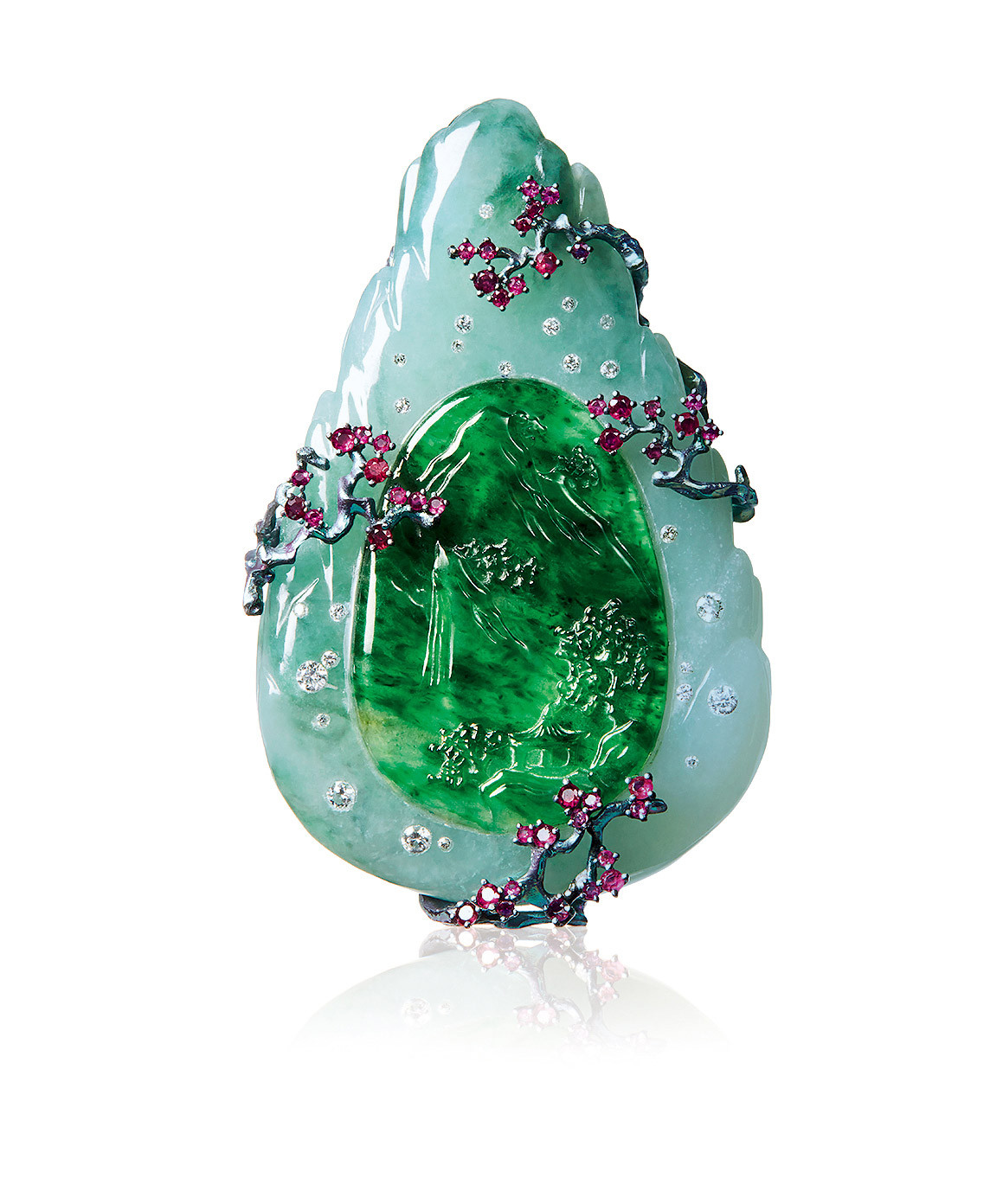 A JADEITE, DIAMOND AND RUBY ’BOUQUETS OF FLOWERS AND PILES OF SILKS’ BROOCH/PENDANT, DESIGNED BY LI LI