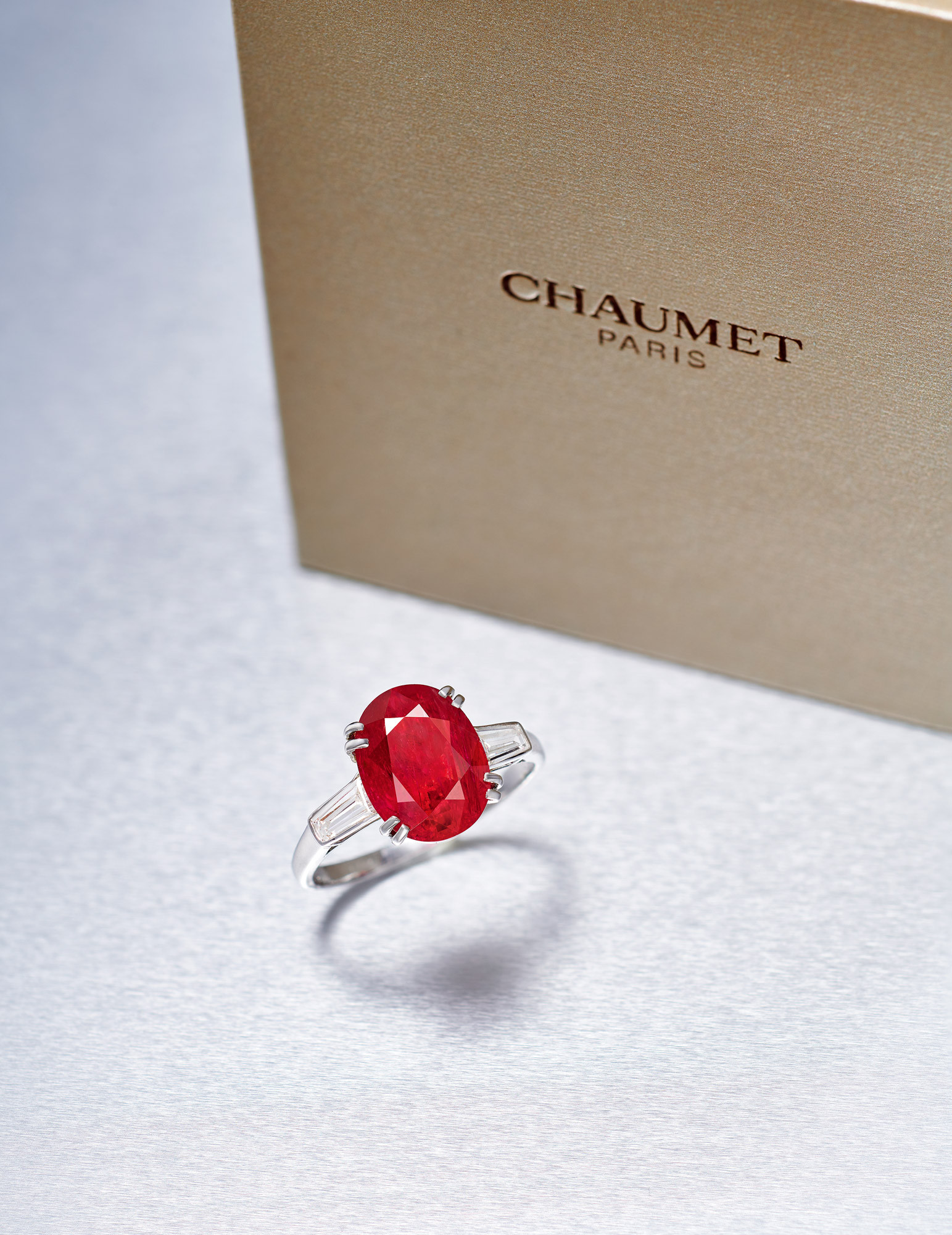 A 5.33 CARAT BURMESE MOGOK ’PIGEON’S BLOOD’ RUBY AND DIAMOND RING,BY CHAUMET