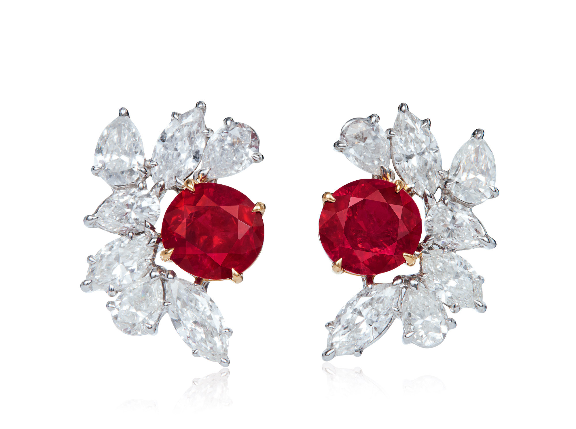 A PAIR OF 2.34 AND 2.10 CARAT BURMESE mogok  ’PIGEON’S BLOOD’  RUBY AND DIAMOND EArrings