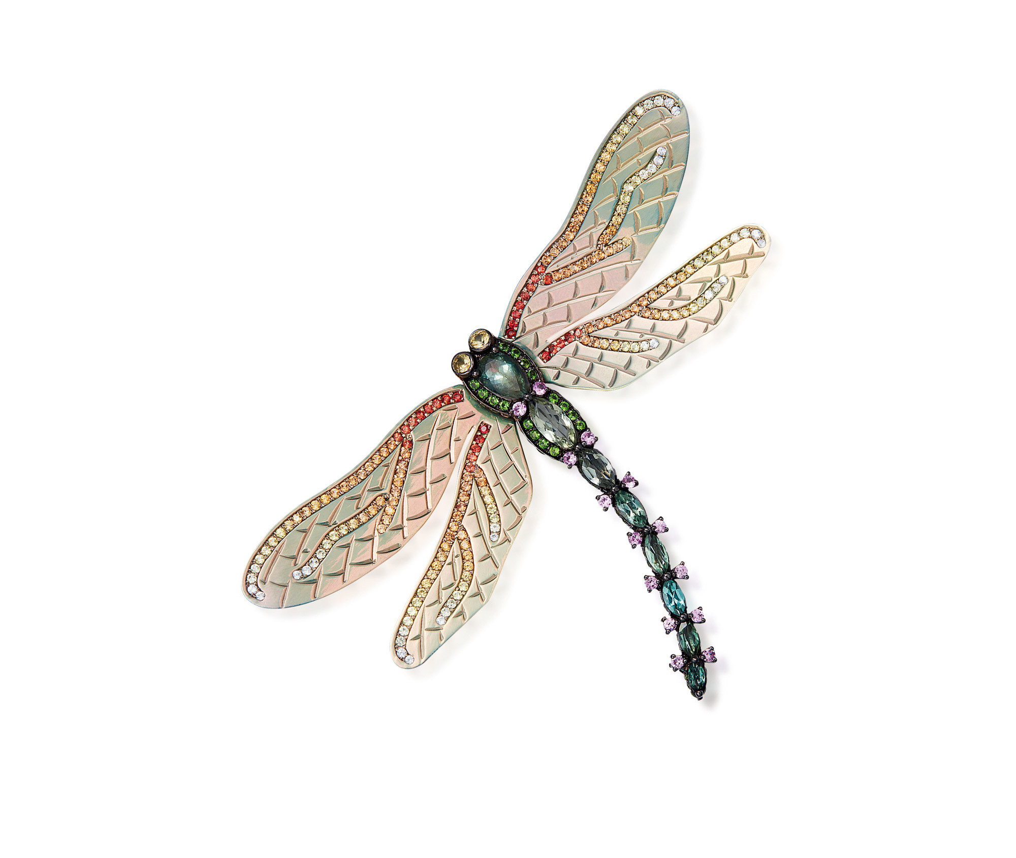 A COLORED SAPPHIRE AND TSAVORITE ’DRAGONFLY’ BROOCH